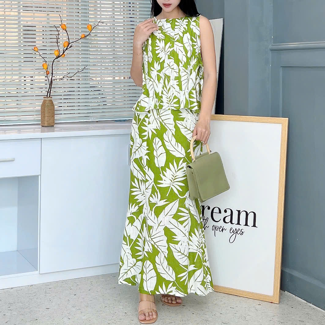 Set Váy Nữ Áo Sát Nách Nơ Đôi Mix Chân Váy Đuôi Cá Dáng Dài Chất Linen Gân Đi Biển MIMIX - FA0