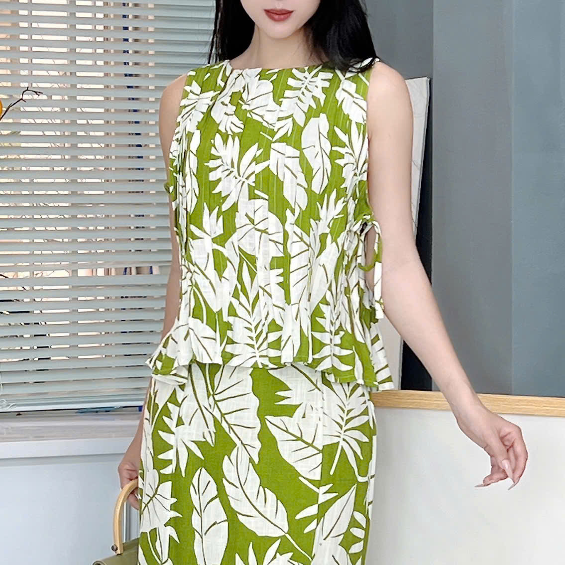 Set Váy Nữ Áo Sát Nách Nơ Đôi Mix Chân Váy Đuôi Cá Dáng Dài Chất Linen Gân Đi Biển MIMIX - FA0