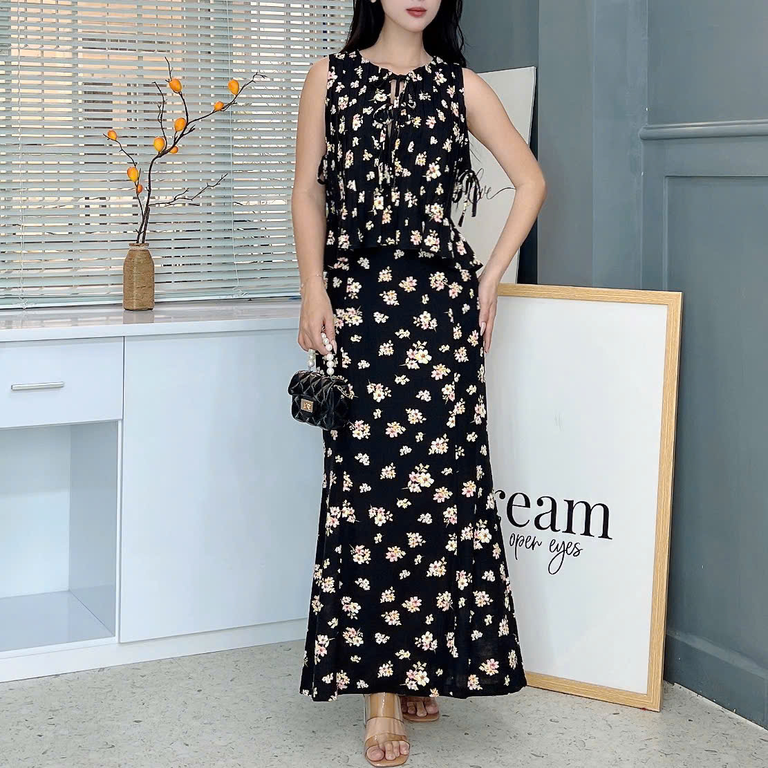 Set Váy Nữ Áo Sát Nách Nơ Đôi Mix Chân Váy Đuôi Cá Dáng Dài Chất Linen Gân Đi Biển MIMIX - FA0