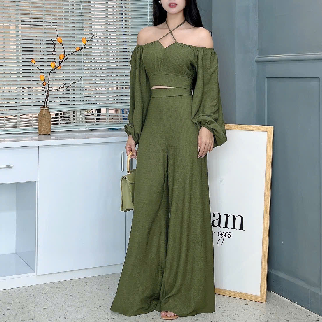 Set Bộ Áo Croptop Tay Dài Phối Dây Mix Quần Ống Rộng Dáng Dài Chất Thun Dệt Sóng Đi Tiệc MIMIX - EZ9