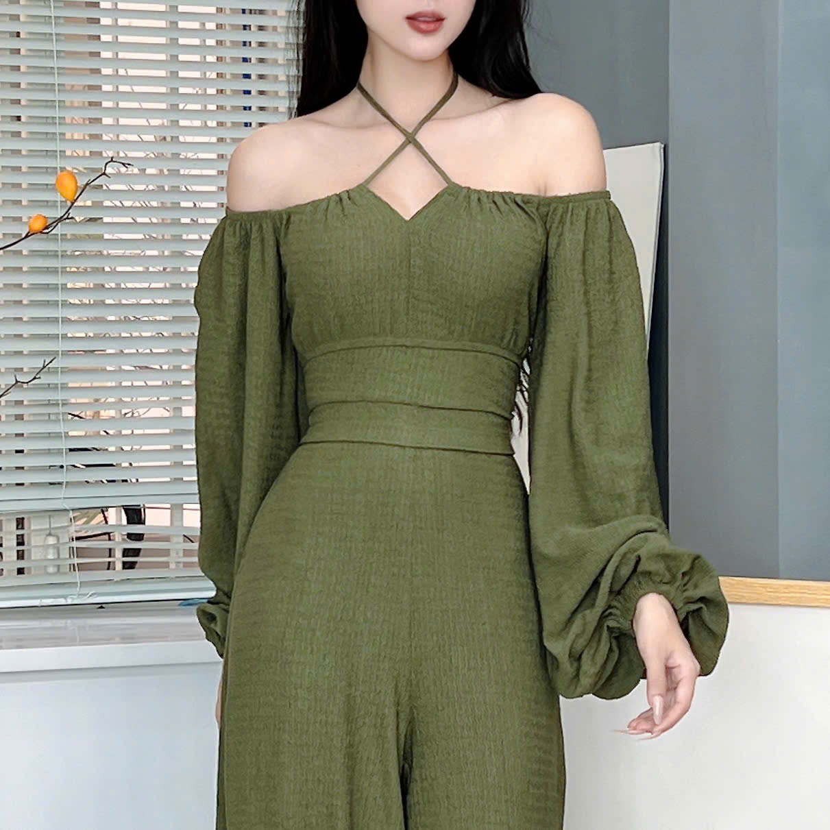 Set Bộ Áo Croptop Tay Dài Phối Dây Mix Quần Ống Rộng Dáng Dài Chất Thun Dệt Sóng Đi Tiệc MIMIX - EZ9