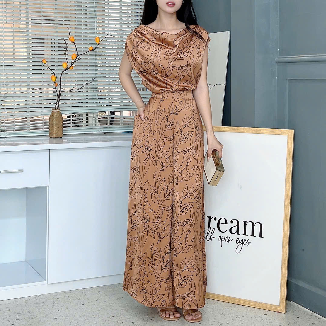 Set Bộ Nữ Áo Cổ Đổ Mix Quần Ống Rộng Họa Tiết Đi Làm Đi Chơi Chất Lụa Ngọc In Hoa MIMIX - EZ5