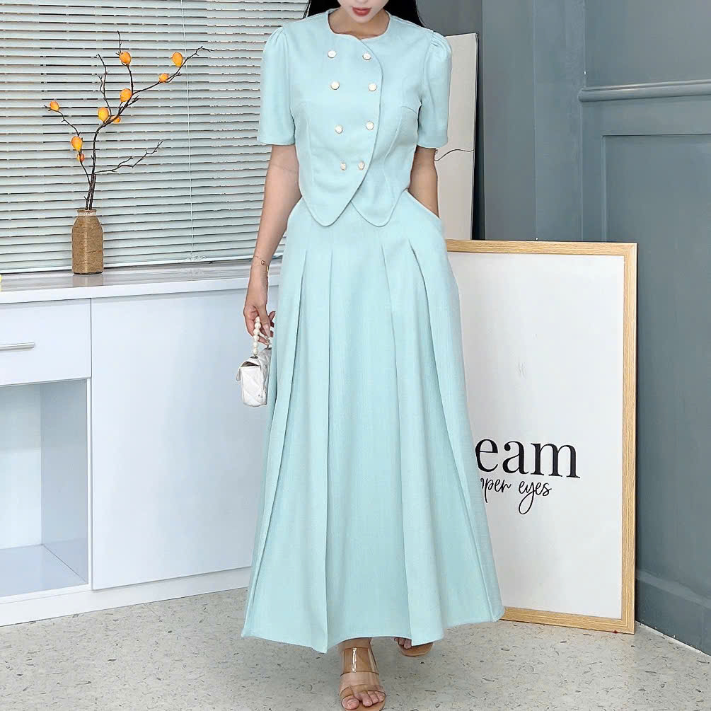 Set Bộ Váy Áo Vest Nút Đôi Mix Chân Váy Xếp Ly Dáng Dài Đi Tiệc Đi Làm MIMIX - EZ7