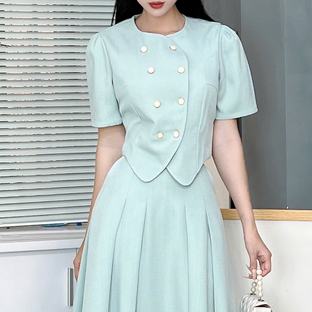 Set Bộ Váy Áo Vest Nút Đôi Mix Chân Váy Xếp Ly Dáng Dài Đi Tiệc Đi Làm MIMIX - EZ7