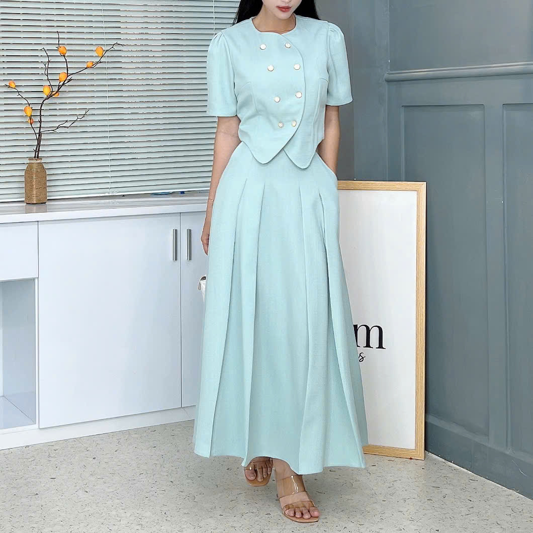 Set Bộ Váy Áo Vest Nút Đôi Mix Chân Váy Xếp Ly Dáng Dài Đi Tiệc Đi Làm MIMIX - EZ7