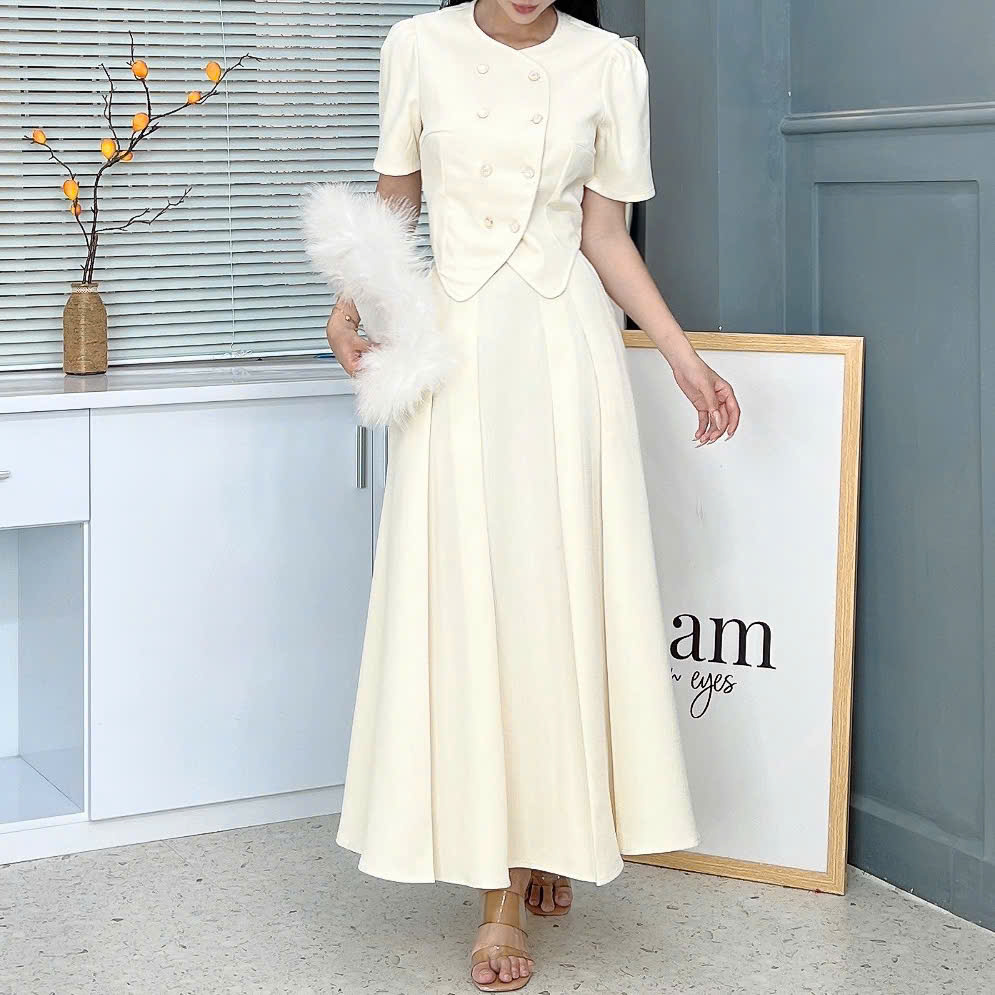 Set Bộ Váy Áo Vest Nút Đôi Mix Chân Váy Xếp Ly Dáng Dài Đi Tiệc Đi Làm MIMIX - EZ7