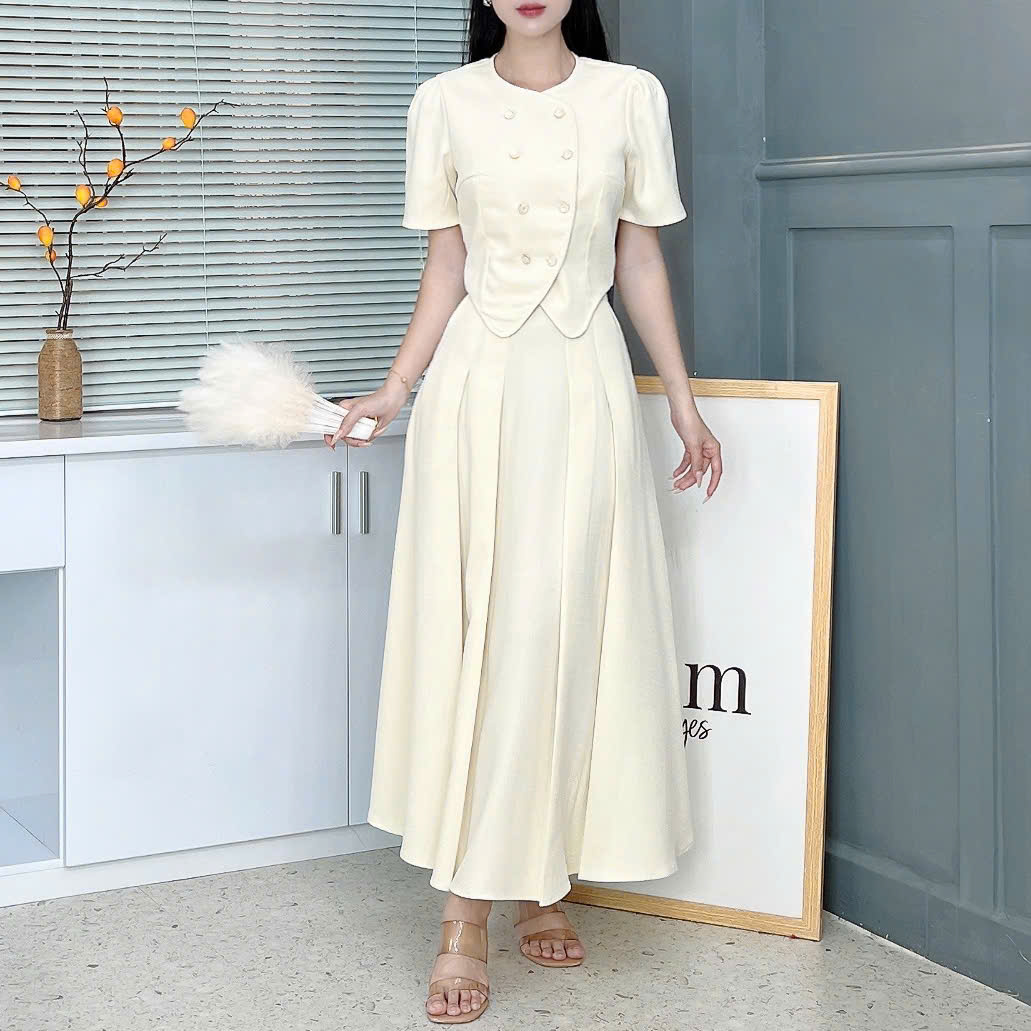Set Bộ Váy Áo Vest Nút Đôi Mix Chân Váy Xếp Ly Dáng Dài Đi Tiệc Đi Làm MIMIX - EZ7