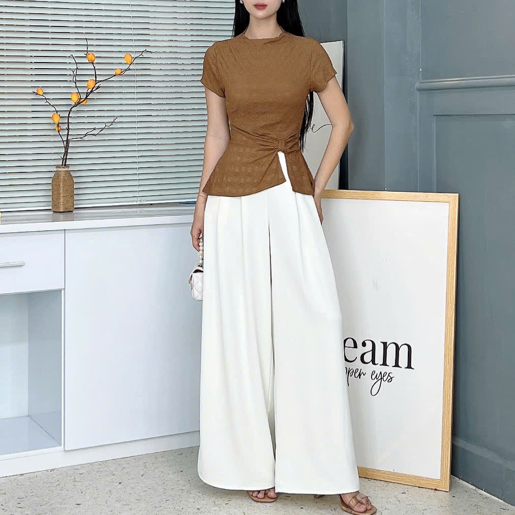 Set Bộ Nữ Áo Phối Nơ Eo Mix Quần Dáng Dài Trơn Đi Tiệc Đi Làm MIMIX - FB5
