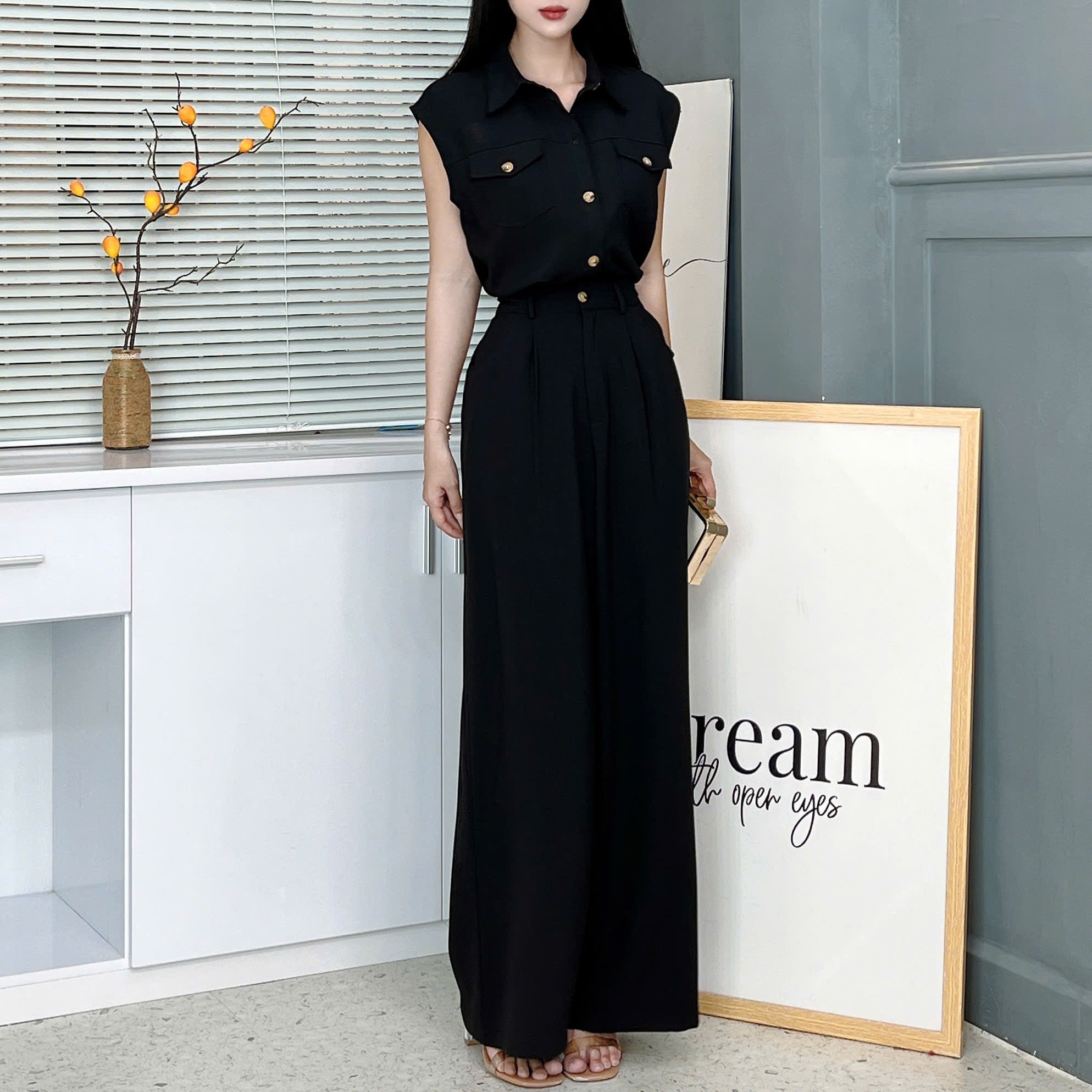 Set Bộ Nữ Áo Sát Nách Phối Túi Mix Quần Suông Dáng Dài Chất Chéo Cotton Mềm Đi Làm MIMIX - EY9