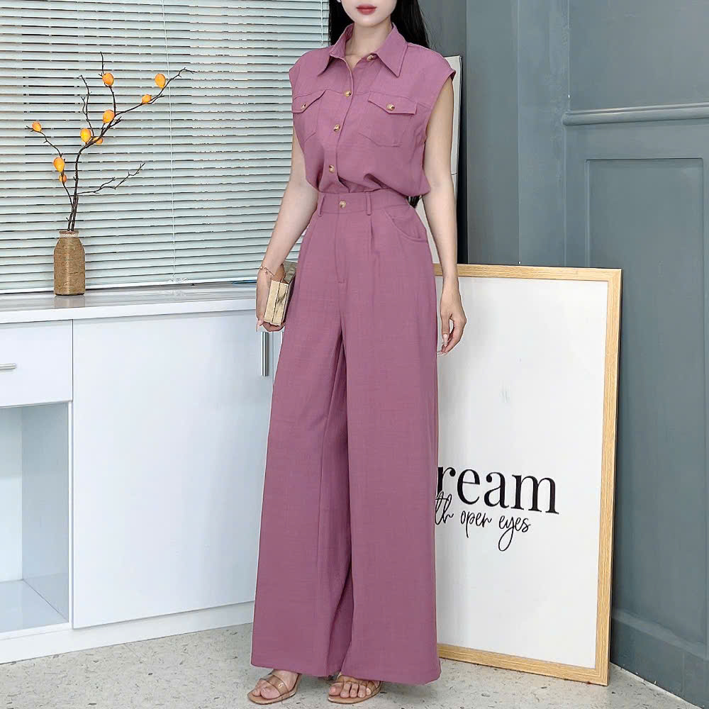 Set Bộ Nữ Áo Sát Nách Phối Túi Mix Quần Suông Dáng Dài Chất Chéo Cotton Mềm Đi Làm MIMIX - EY9