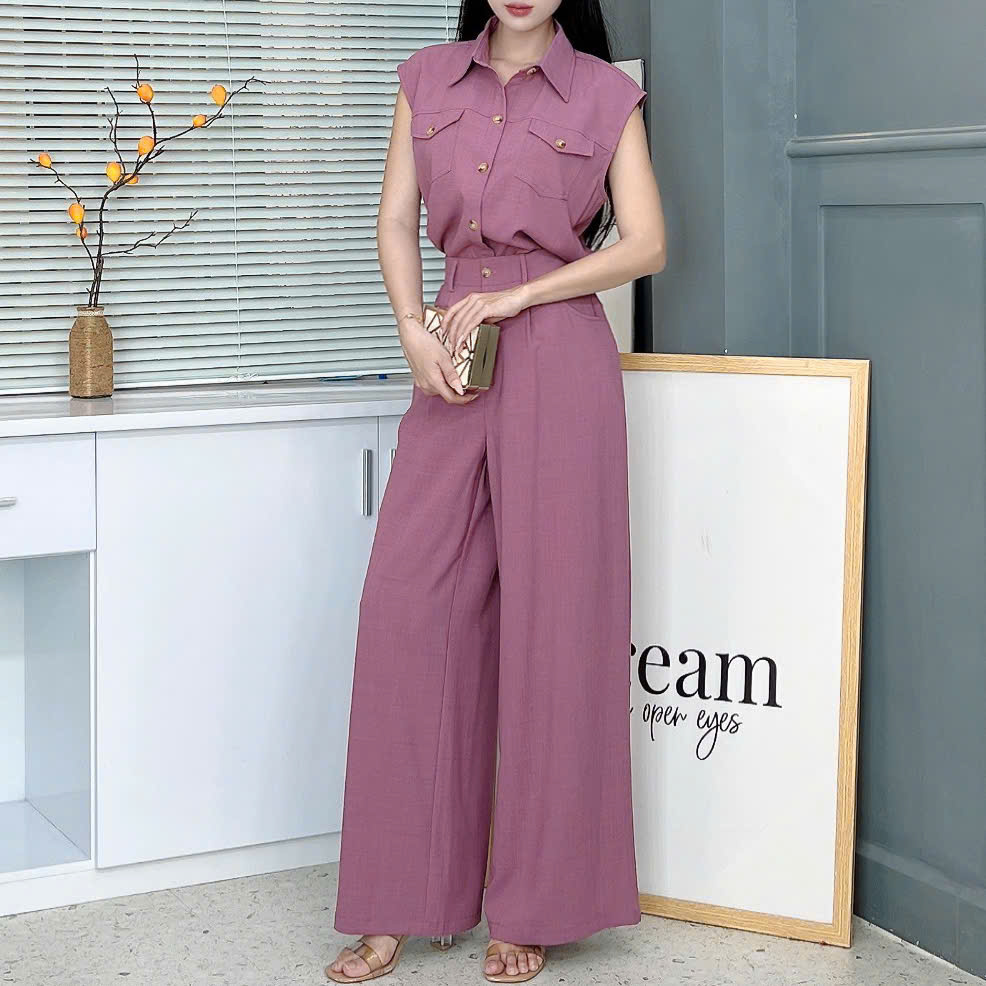 Set Bộ Nữ Áo Sát Nách Phối Túi Mix Quần Suông Dáng Dài Chất Chéo Cotton Mềm Đi Làm MIMIX - EY9