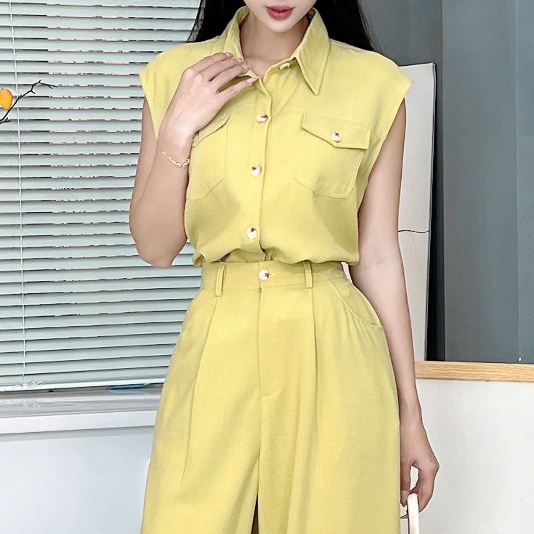 Set Bộ Nữ Áo Sát Nách Phối Túi Mix Quần Suông Dáng Dài Chất Chéo Cotton Mềm Đi Làm MIMIX - EY9
