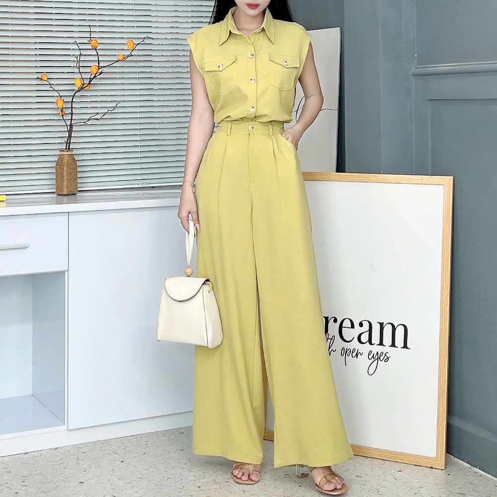 Set Bộ Nữ Áo Sát Nách Phối Túi Mix Quần Suông Dáng Dài Chất Chéo Cotton Mềm Đi Làm MIMIX - EY9