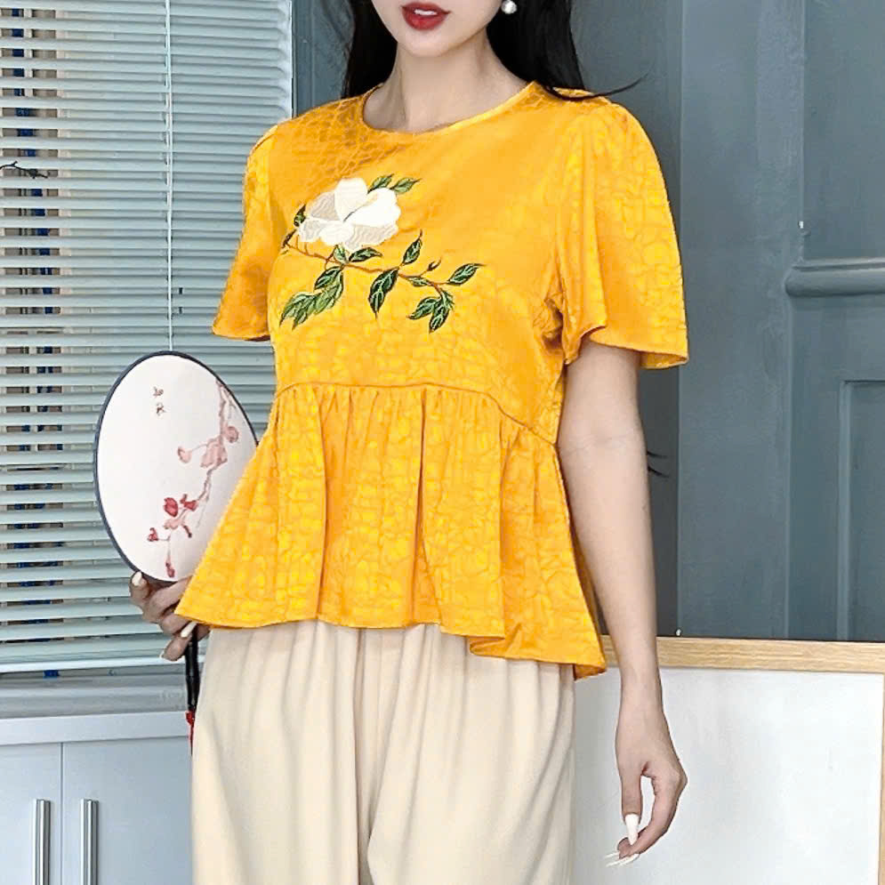 Set Bộ Nữ Áo Lụa Thêu Hoa Mix Quần Trơn Dáng Dài Đi Dạo Phố MIMIX - EY7