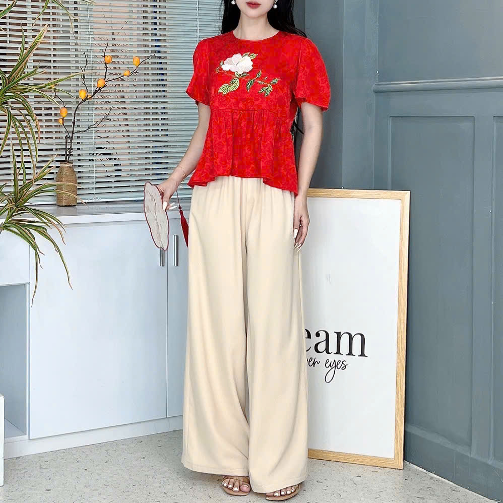 Set Bộ Nữ Áo Lụa Thêu Hoa Mix Quần Trơn Dáng Dài Đi Dạo Phố MIMIX - EY7