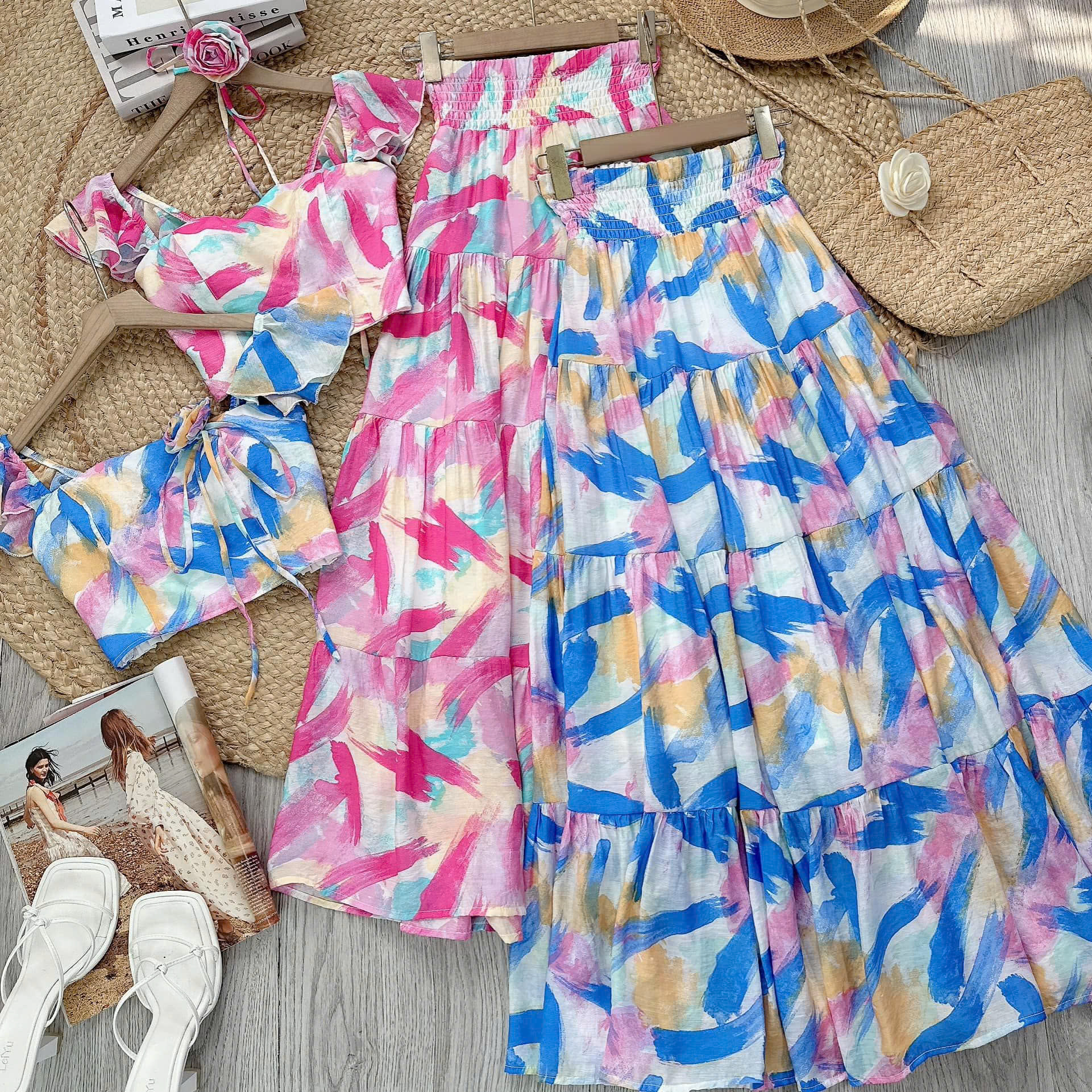 Set Váy Áo Cúp Tay Tiên Mix Chân Váy Vệt Dáng Dài Chất Tơ Linen Đi Biển MMIX - FB2