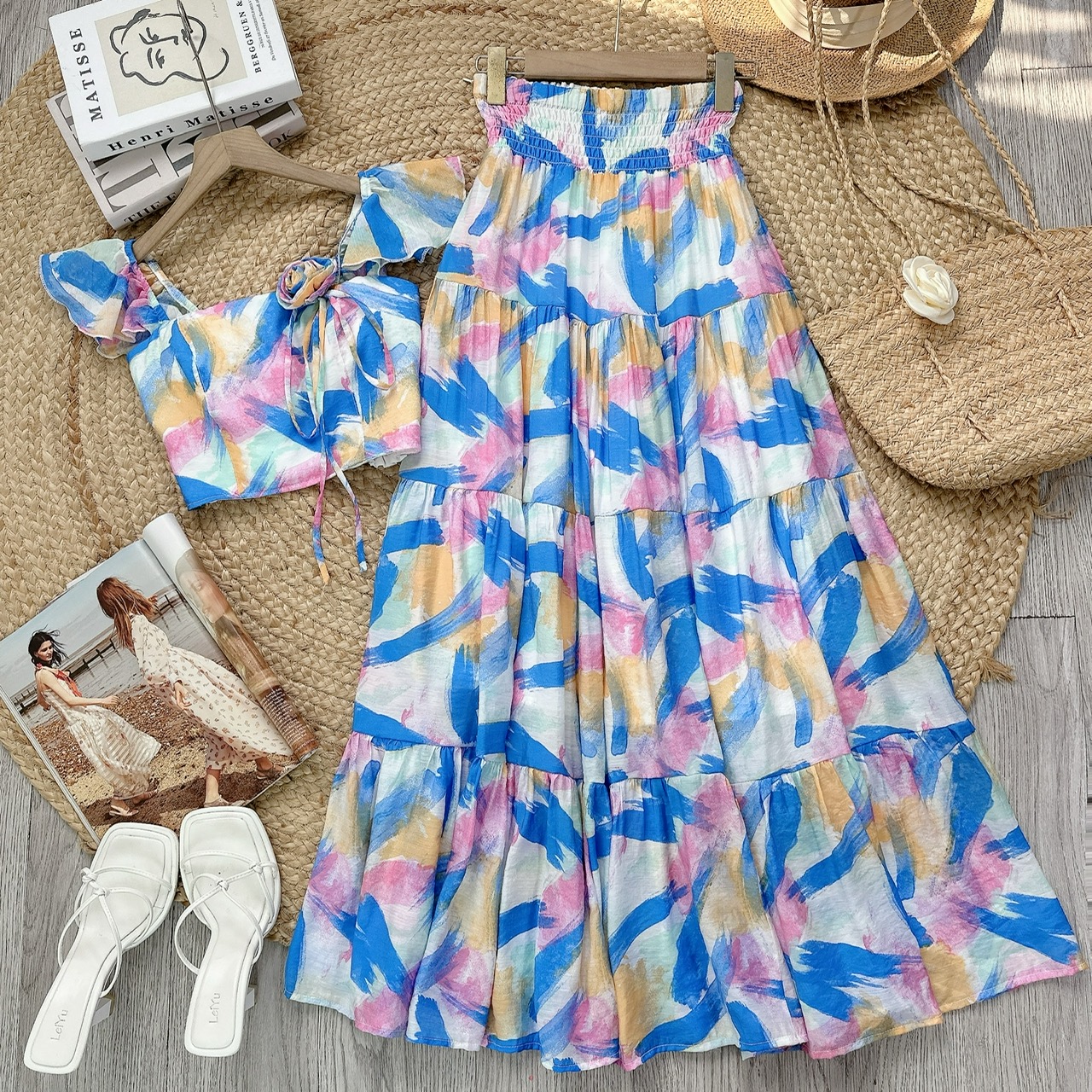 Set Váy Áo Cúp Tay Tiên Mix Chân Váy Vệt Dáng Dài Chất Tơ Linen Đi Biển MMIX - FB2