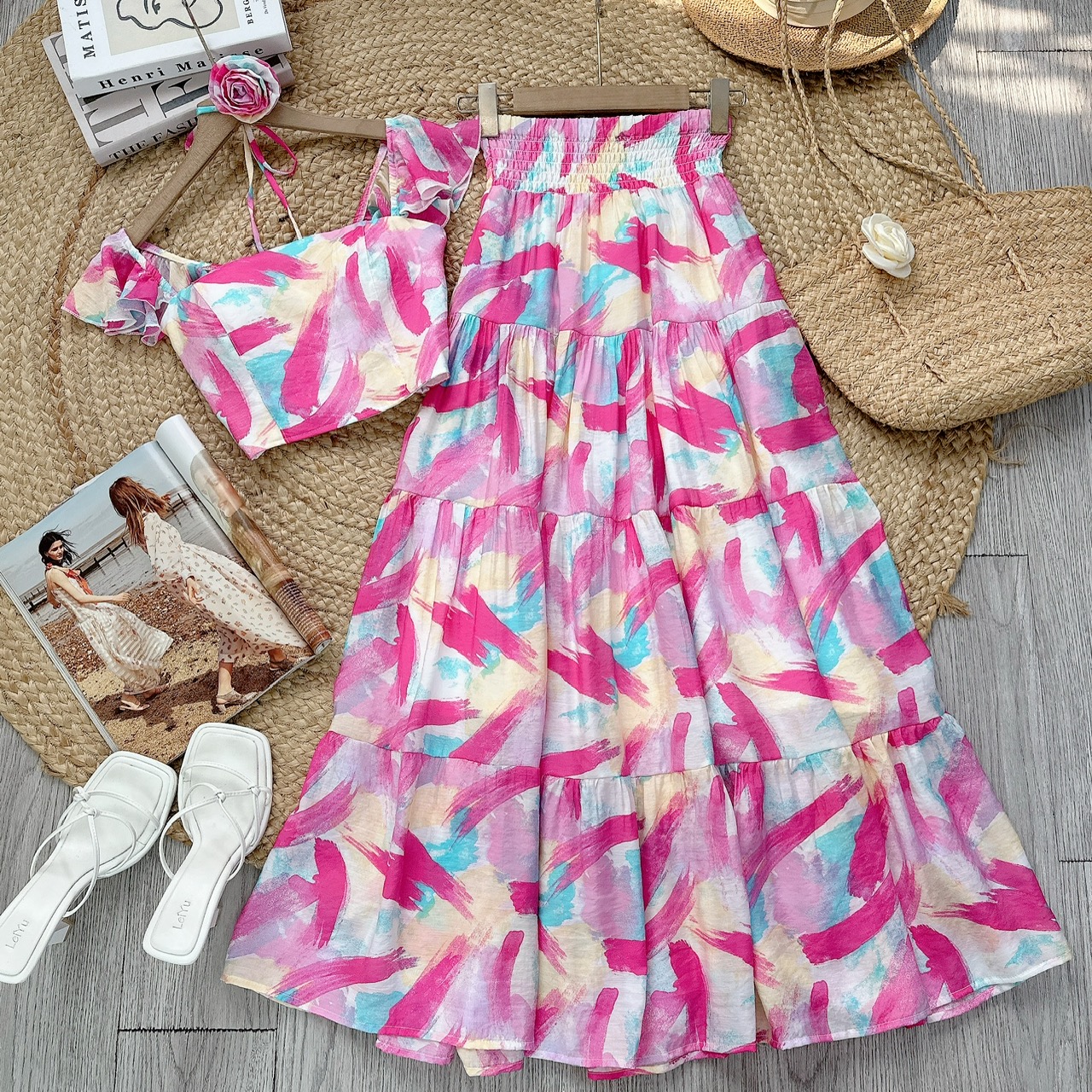 Set Váy Áo Cúp Tay Tiên Mix Chân Váy Vệt Dáng Dài Chất Tơ Linen Đi Biển MMIX - FB2