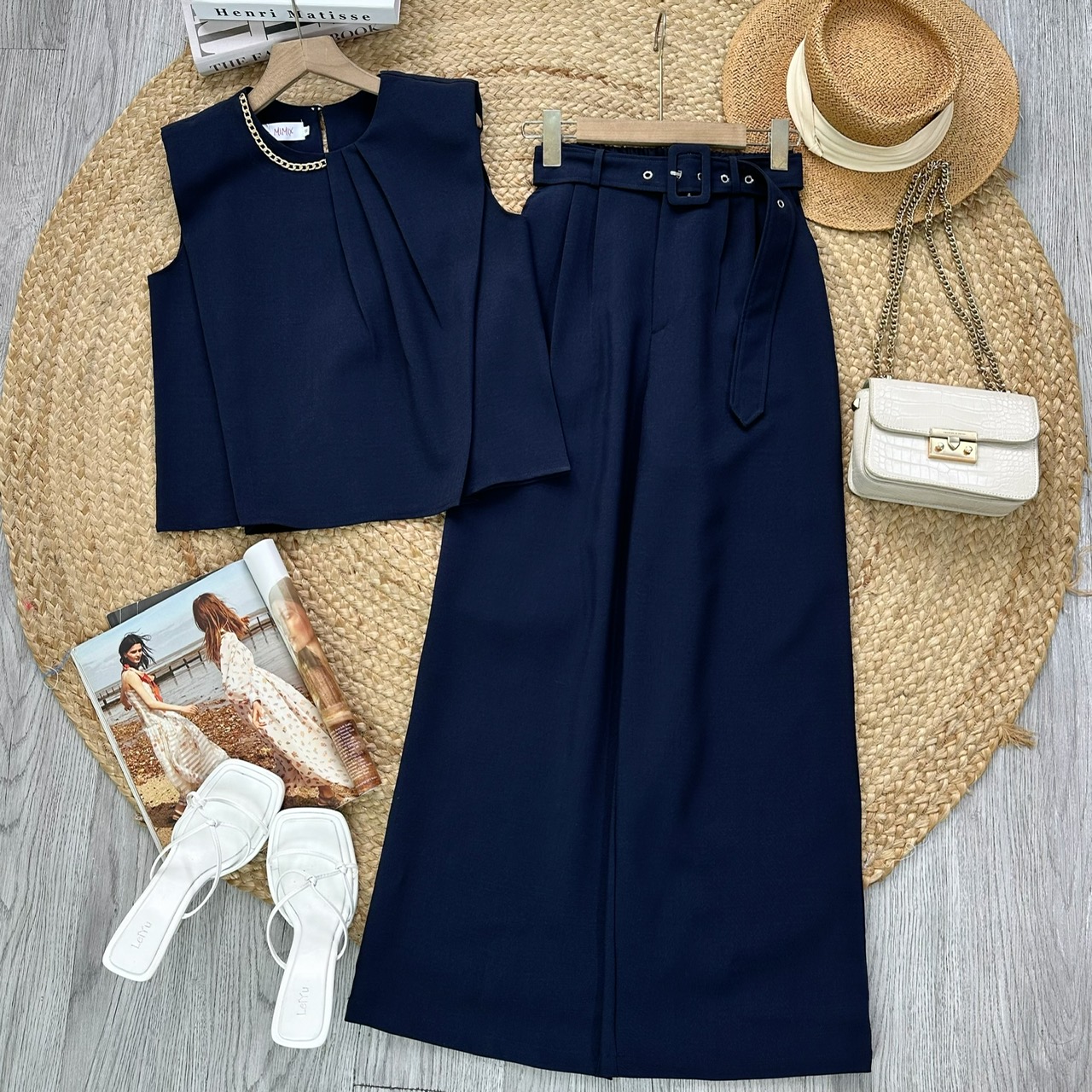 Set Bộ Trơn Nữ Áo Sát Nách Phối Xích Mix Quần Dáng Dài Chất Terin Đi Làm Đi Chơi MIMIX - FA9