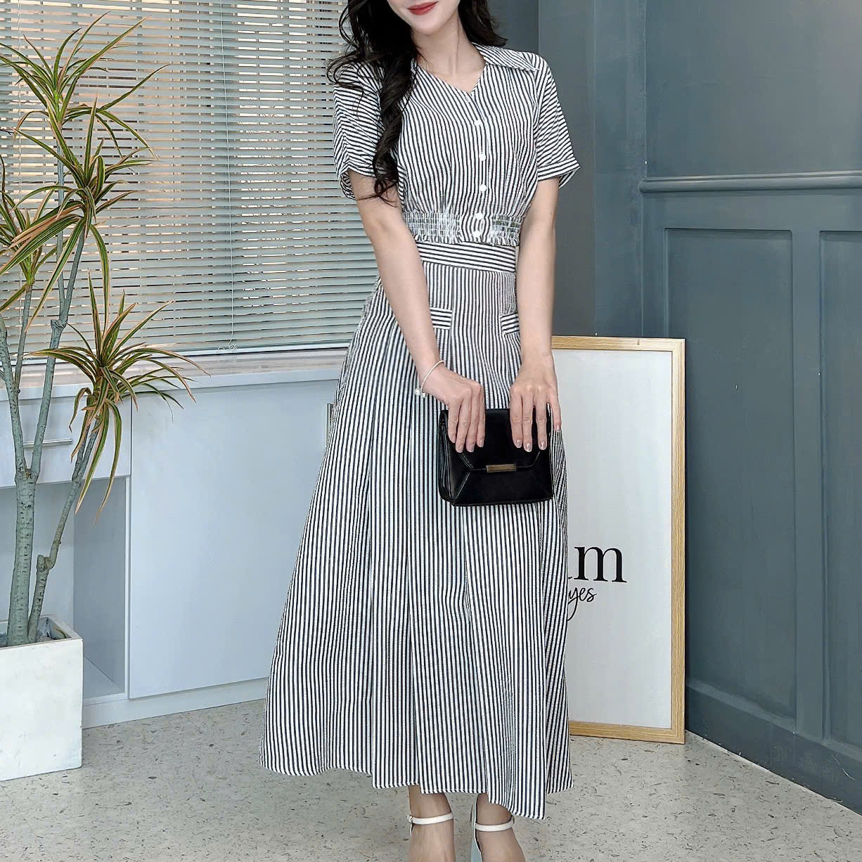 Set Váy Sọc Áo Sơ Mi Bo Eo Mix Chân Váy Dáng Dài Xòe Chất Cotton Đi Dạo Phố MIMIX - FB4