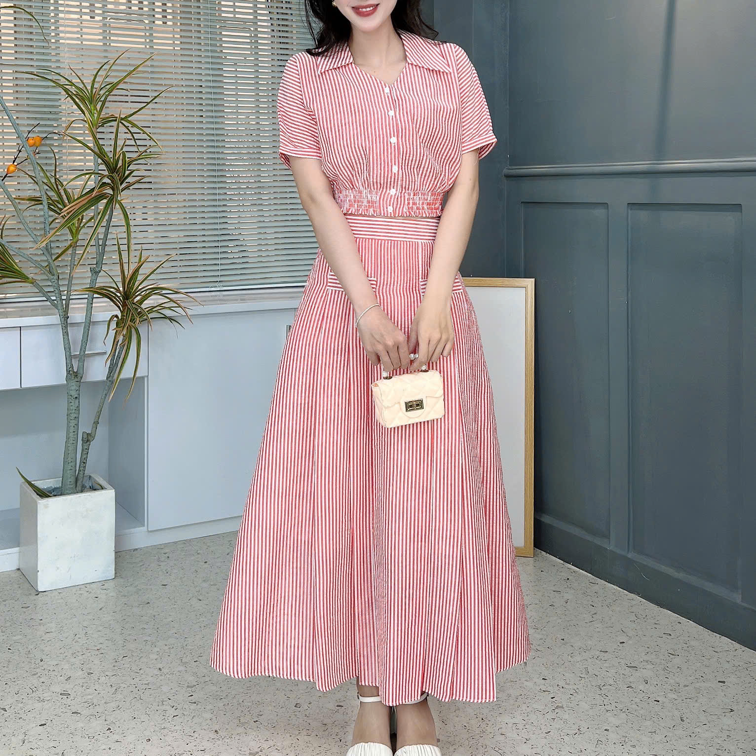 Set Váy Sọc Áo Sơ Mi Bo Eo Mix Chân Váy Dáng Dài Xòe Chất Cotton Đi Dạo Phố MIMIX - FB4