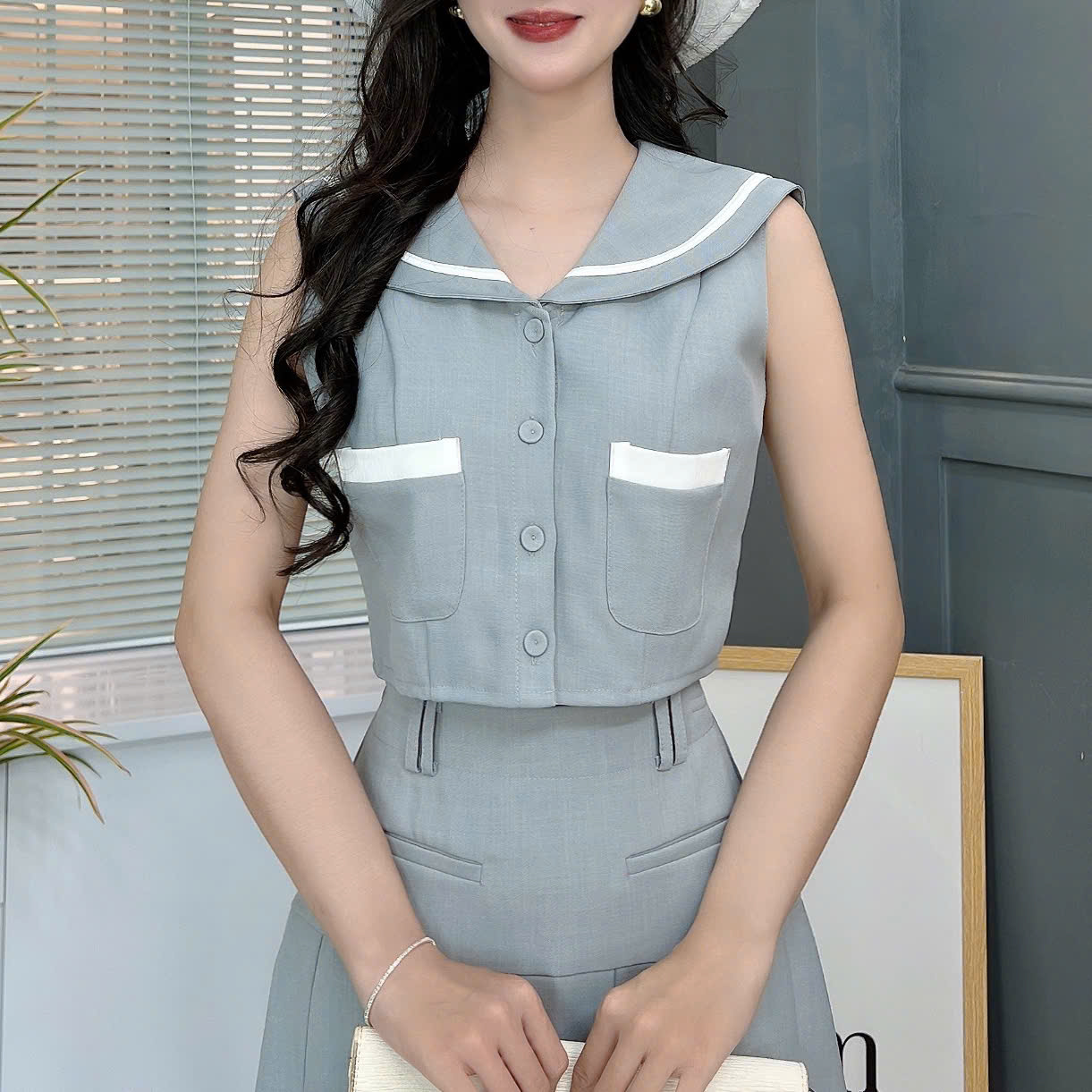 Set Váy Áo Sát Nách Cổ Sen Mix Chân Váy Xếp Ly Dáng Dài Xòe Chất Terin Công Sở MIMIX - FB6