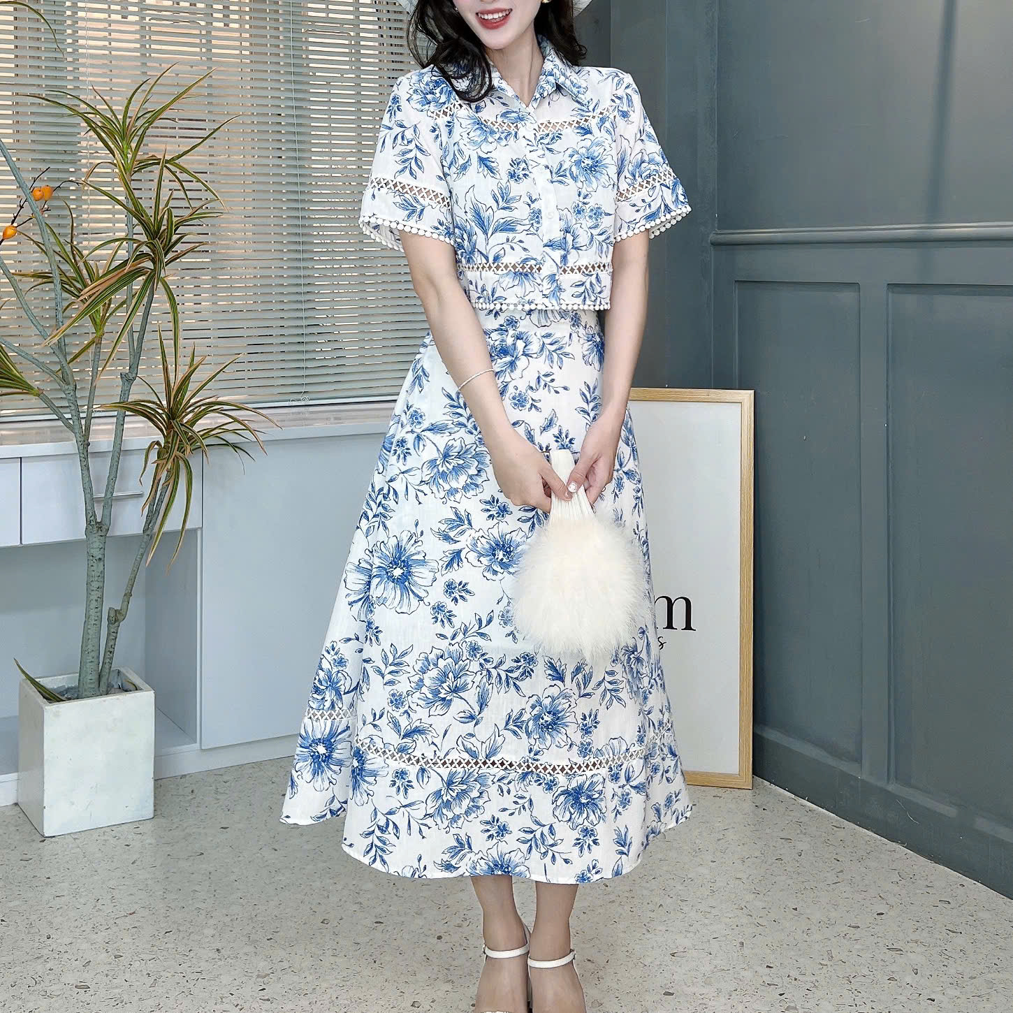 Set Váy Áo Sơ Mi Mix Chân Váy Phối Ren Dáng Dài Xòe Chất Linen Đi Dạo Phố MIMIX - FB9