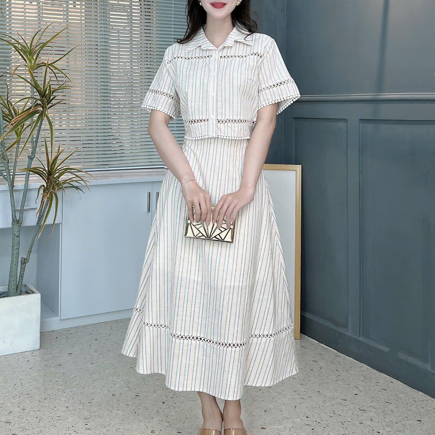 Set Váy Áo Sơ Mi Mix Chân Váy Phối Ren Dáng Dài Xòe Chất Linen Đi Dạo Phố MIMIX - FB9