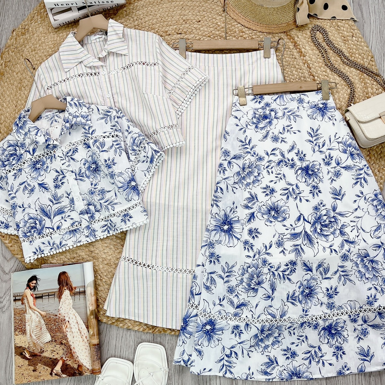 Set Váy Áo Sơ Mi Mix Chân Váy Phối Ren Dáng Dài Xòe Chất Linen Đi Dạo Phố MIMIX - FB9