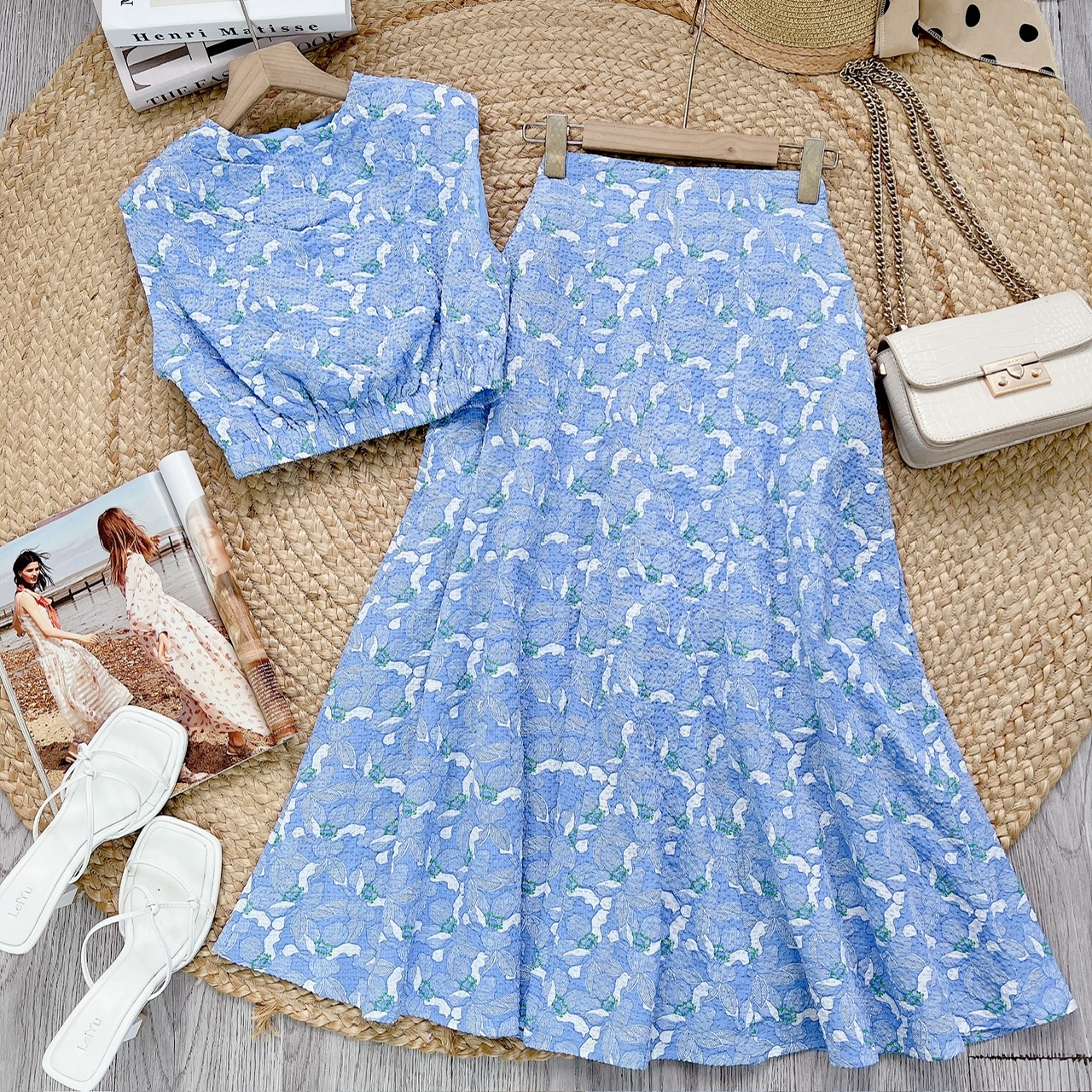 Set Váy Hoa Áo Sát Nách Eo Bo Chun Mix Chân Váy Dáng Dài Xòe Chất Cotton Cara Đi Biển MIMIX - FC5