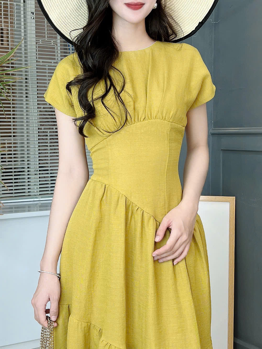 Đầm Maxi Hoa Tay Hến Dáng Dài Phối Chiết Eo Xéo Chất Linen Bambo Sược Đi Tiệc Đi Dạo MIMIX - FG0