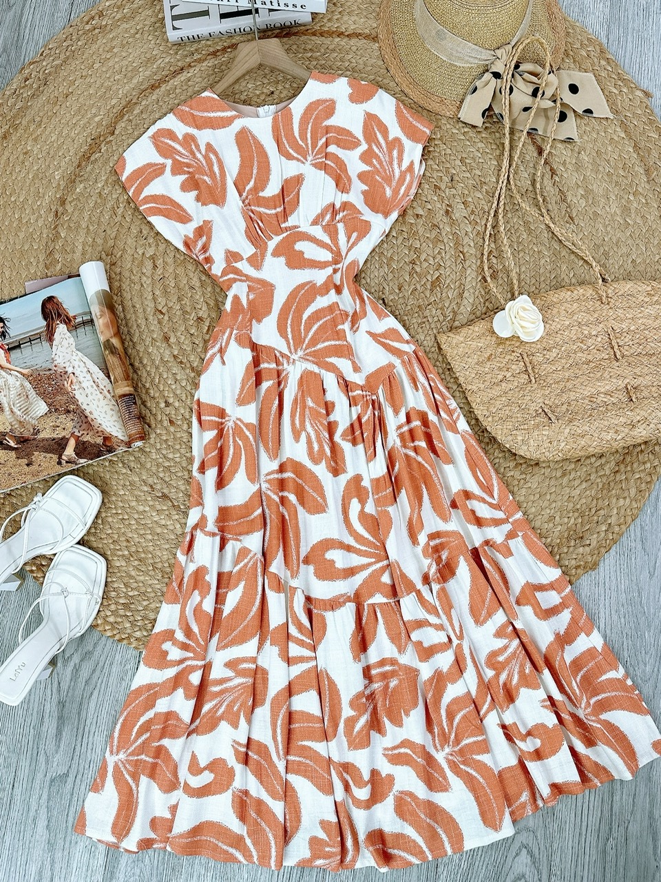 Đầm Maxi Hoa Tay Hến Dáng Dài Phối Chiết Eo Xéo Chất Linen Bambo Sược Đi Tiệc Đi Dạo MIMIX - FG0