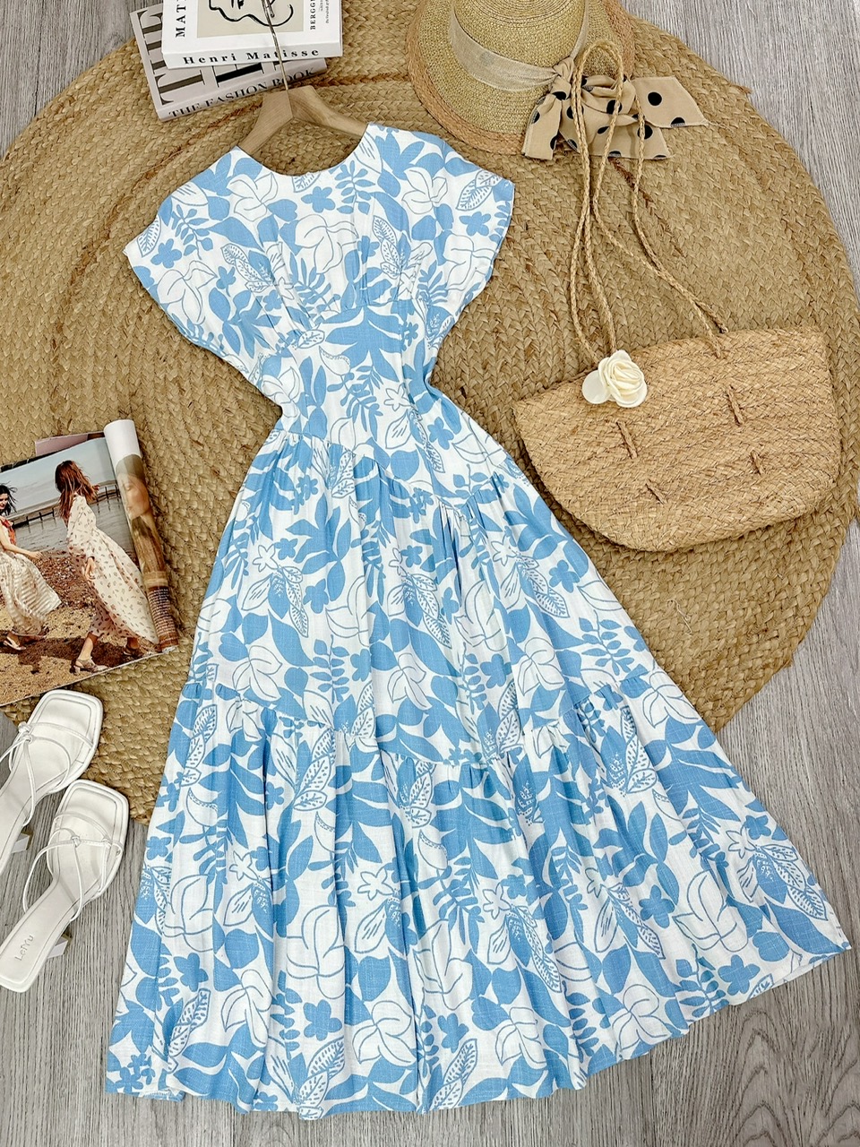 Đầm Maxi Hoa Tay Hến Dáng Dài Phối Chiết Eo Xéo Chất Linen Bambo Sược Đi Tiệc Đi Dạo MIMIX - FG0