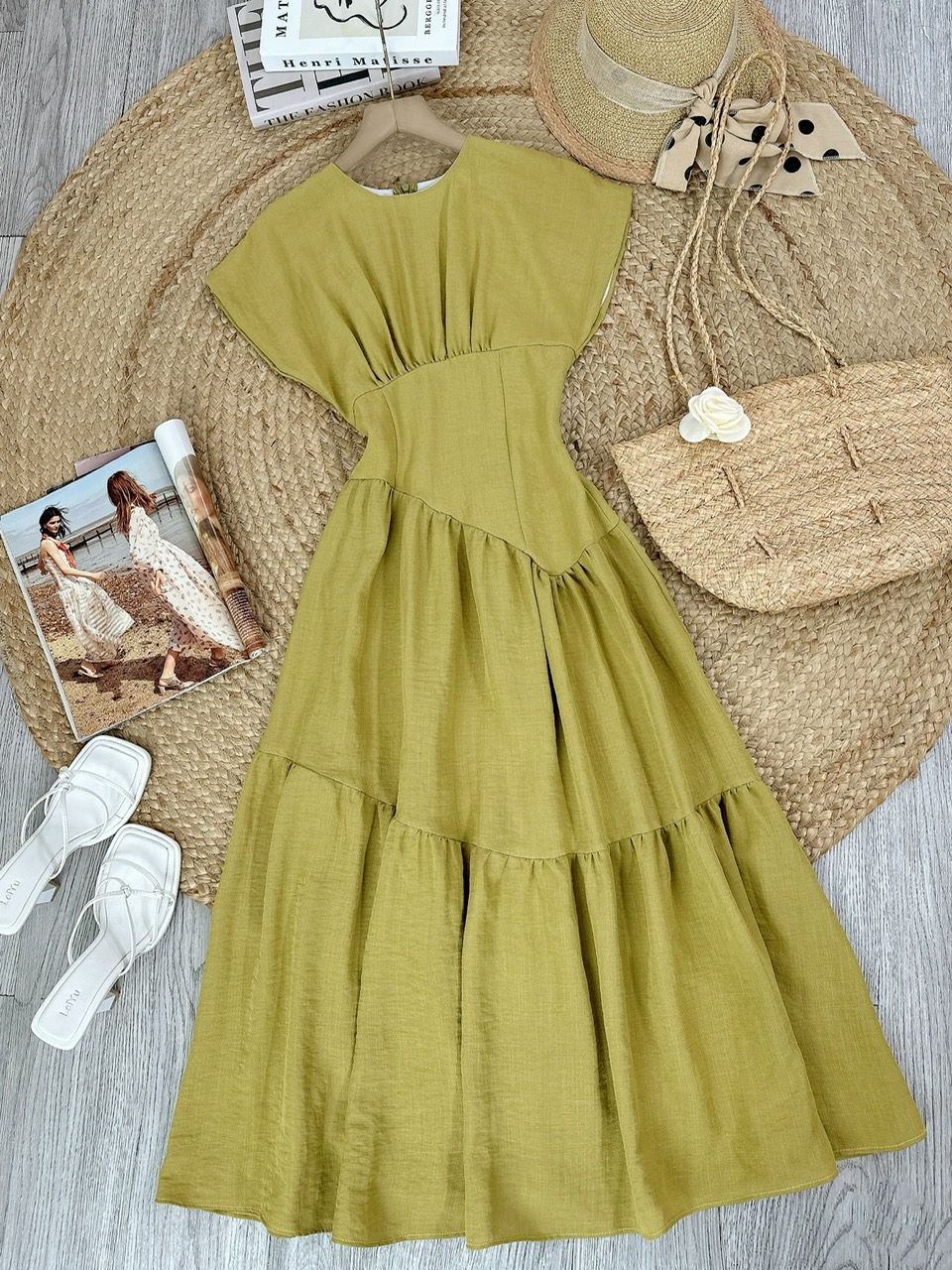 Đầm Maxi Hoa Tay Hến Dáng Dài Phối Chiết Eo Xéo Chất Linen Bambo Sược Đi Tiệc Đi Dạo MIMIX - FG0