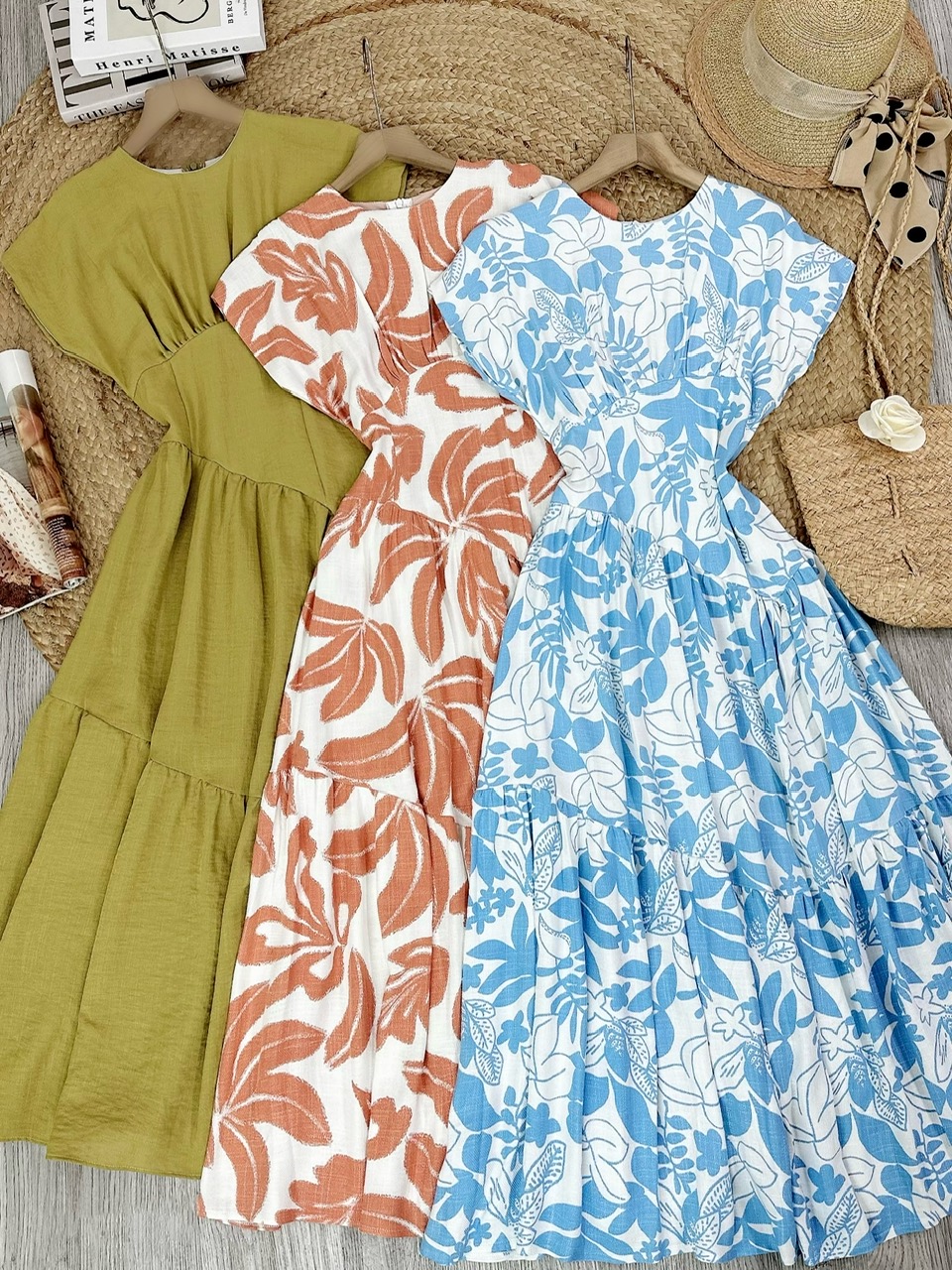 Đầm Maxi Hoa Tay Hến Dáng Dài Phối Chiết Eo Xéo Chất Linen Bambo Sược Đi Tiệc Đi Dạo MIMIX - FG0