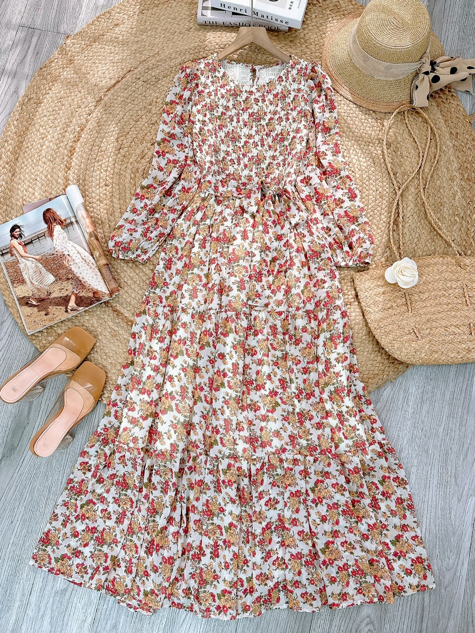 Váy Maxi Hoa Tay Dài Smocking Thân Dáng Dài Chất Tơ Đi Du Lịch MIMIX - FD9