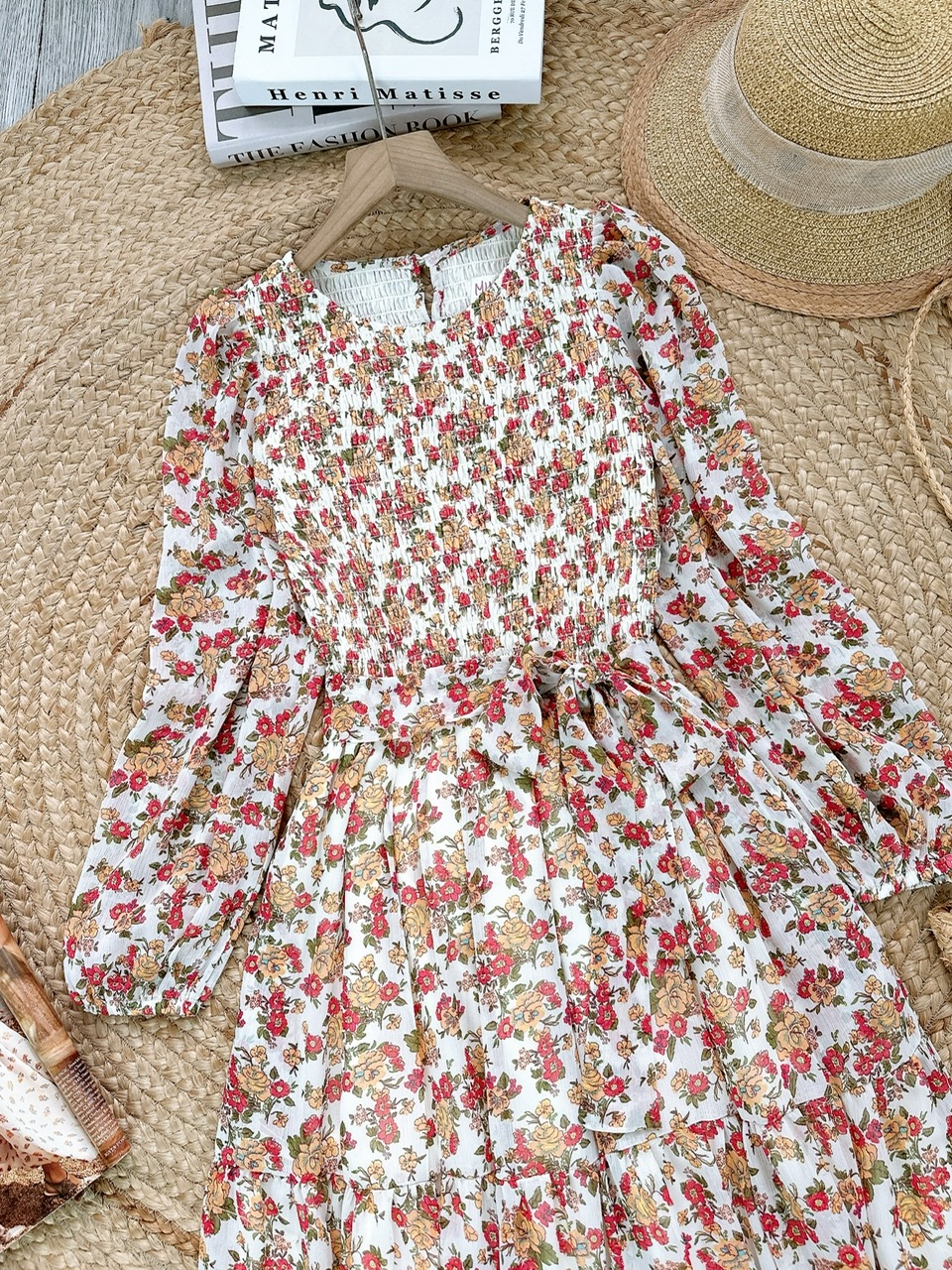 Váy Maxi Hoa Tay Dài Smocking Thân Dáng Dài Chất Tơ Đi Du Lịch MIMIX - FD9