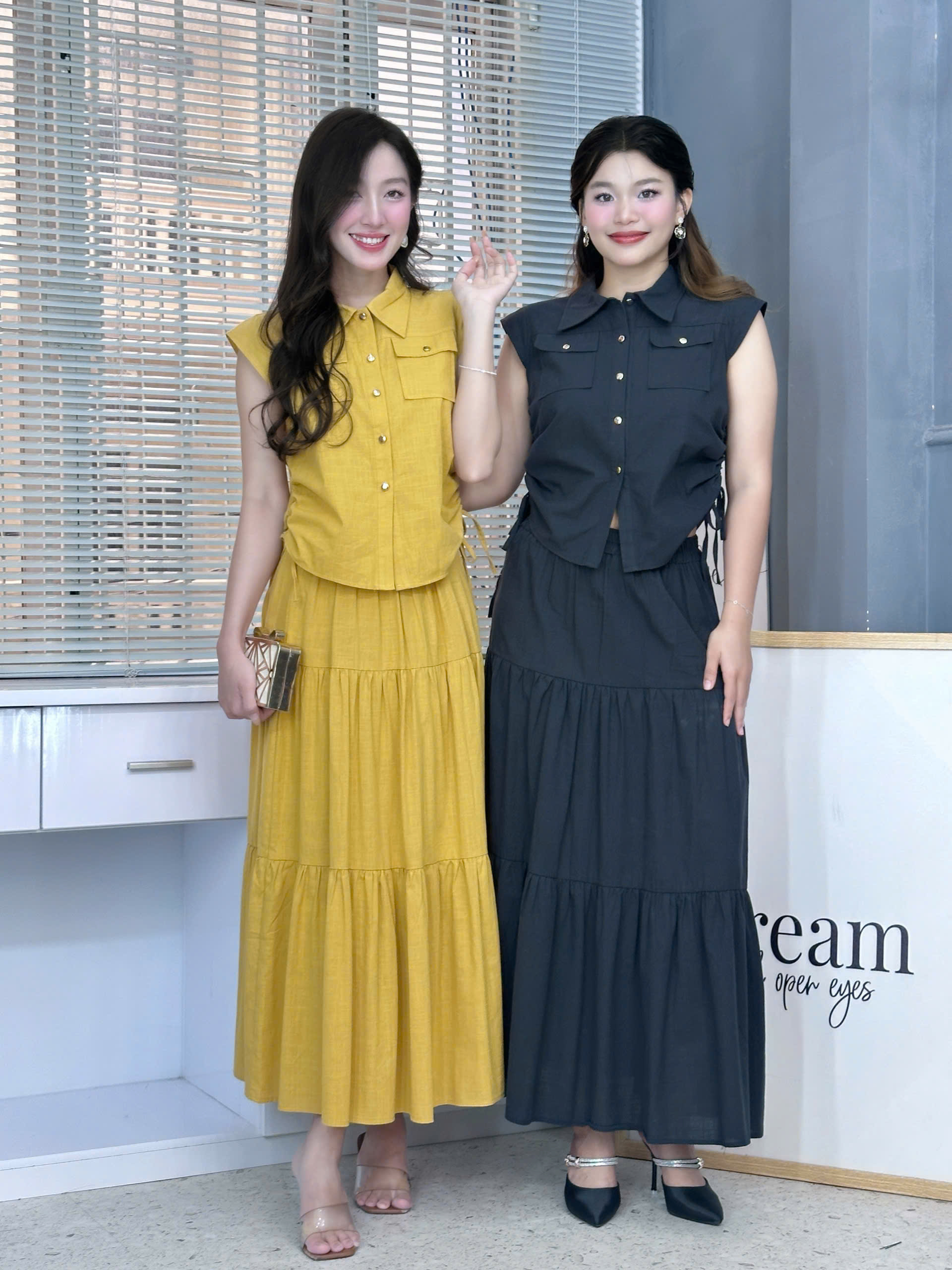 Set Váy Áo Sơ Mi Rút Dây Mix Chân Váy Dáng Dài Xòe Chất Linen Gân Đi Làm Đi Dạo MIMIX - EW2