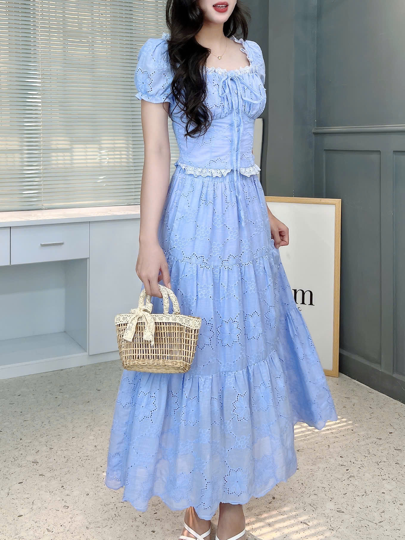 Set Váy Boi Áo Viền Bèo Mix Chân Váy Dáng Dài Chất Boi Cotton Đi Tiệc Đi Biển MIMIX  - FJ2