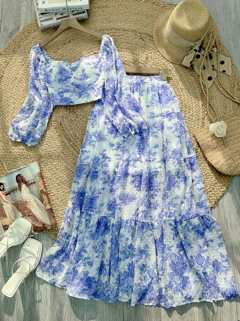 Set Bộ Váy Hoa Áo Croptop Tay Dài Mix Chân Váy Dáng Dài Chất Tơ Đi Du Lịch MIMIX - FD3