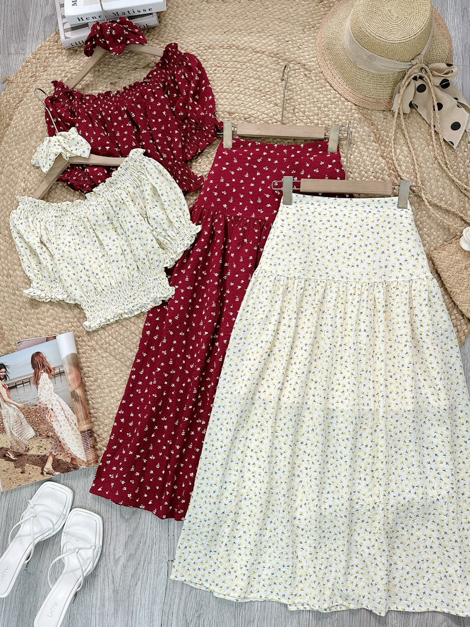 Set Váy Hoa Nhí Bo Eo Mix Chân Váy Dáng Dài Xòe Đi Biển MIMIX - FK7