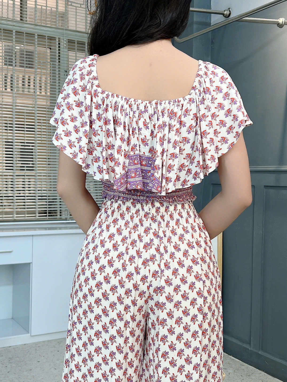 Set Bộ Nữ Áo Croptop Bèo Mix Quần Suông Dài Họa Tiết Đi Biển Đi Tiệc MIMIX - FK9