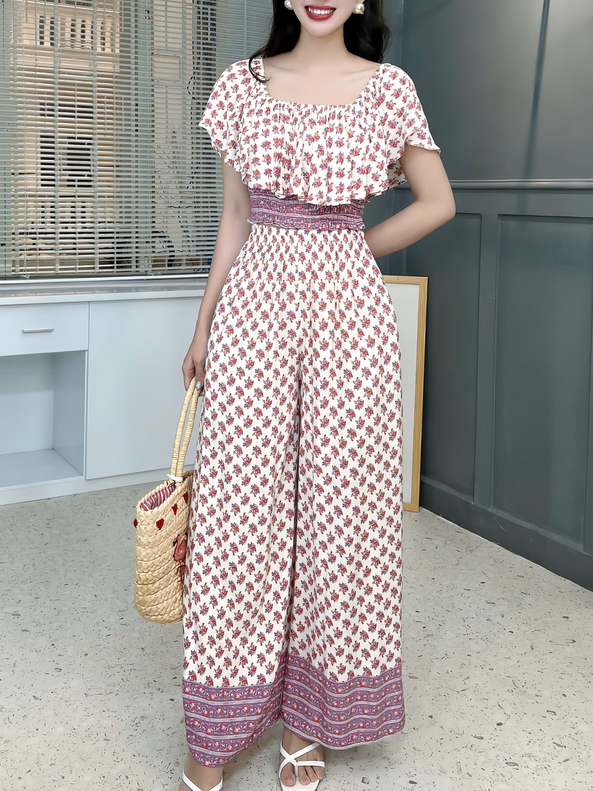 Set Bộ Nữ Áo Croptop Bèo Mix Quần Suông Dài Họa Tiết Đi Biển Đi Tiệc MIMIX - FK9