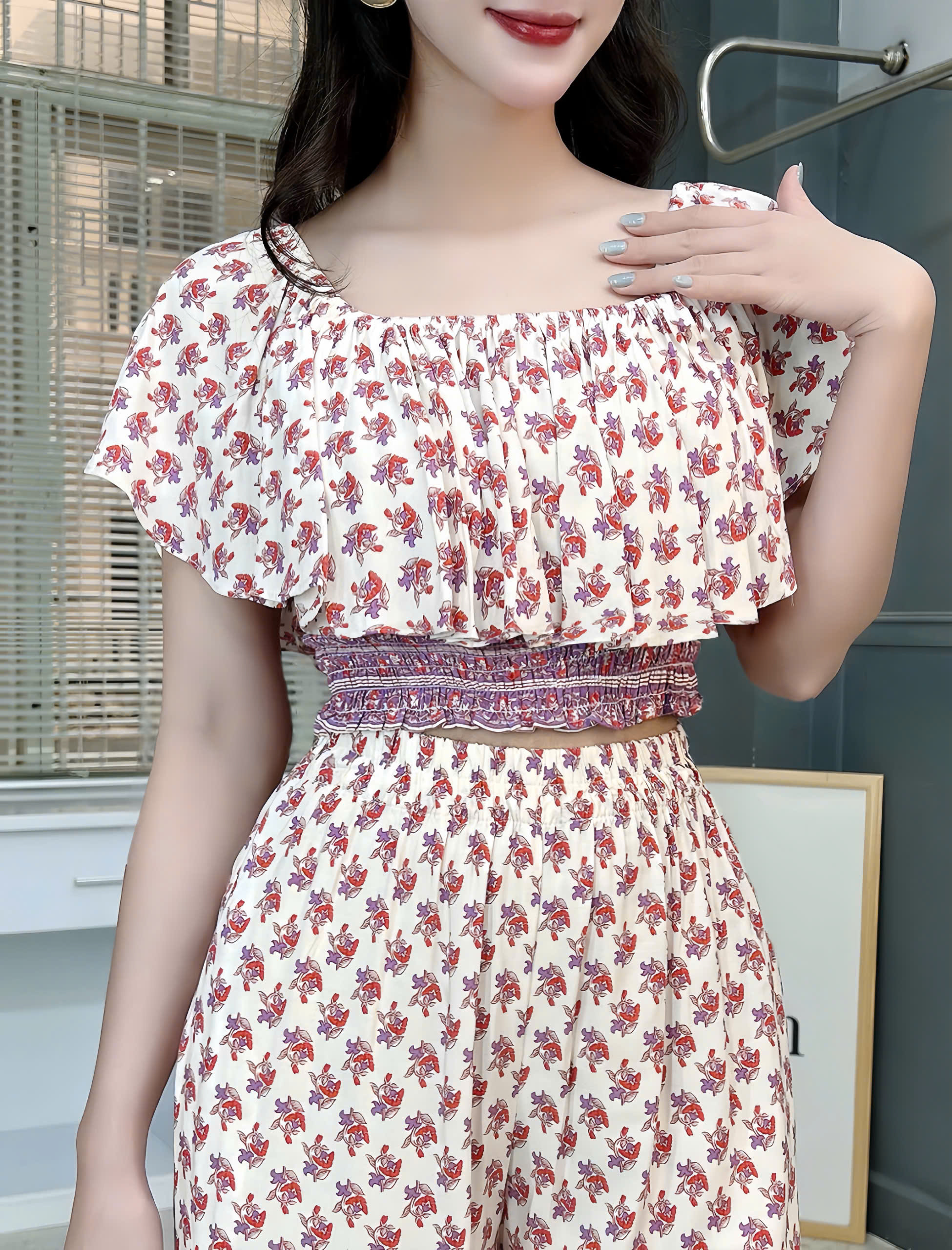 Set Bộ Nữ Áo Croptop Bèo Mix Quần Suông Dài Họa Tiết Đi Biển Đi Tiệc MIMIX - FK9