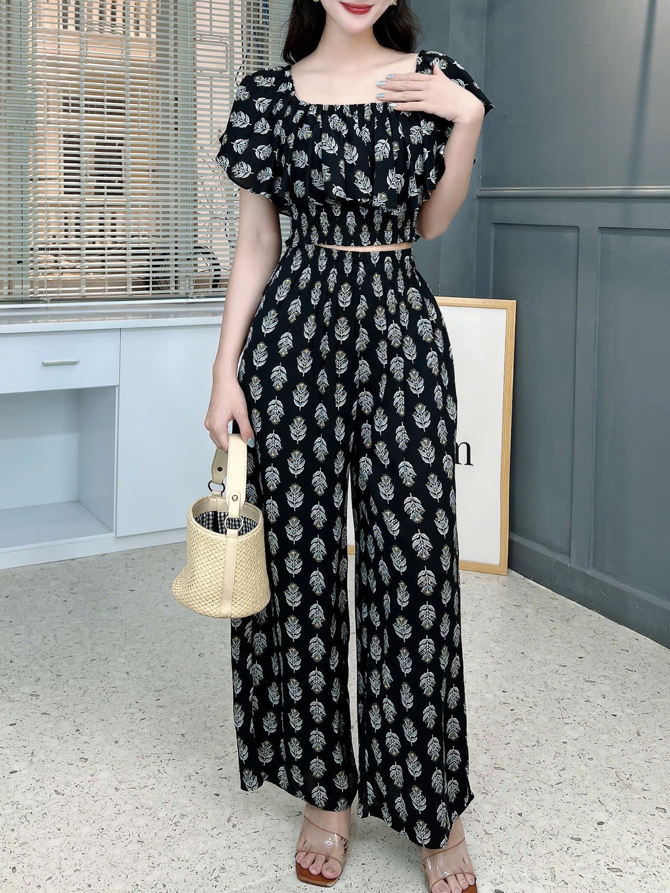 Set Bộ Nữ Áo Croptop Bèo Mix Quần Suông Dài Họa Tiết Đi Biển Đi Tiệc MIMIX - FK9