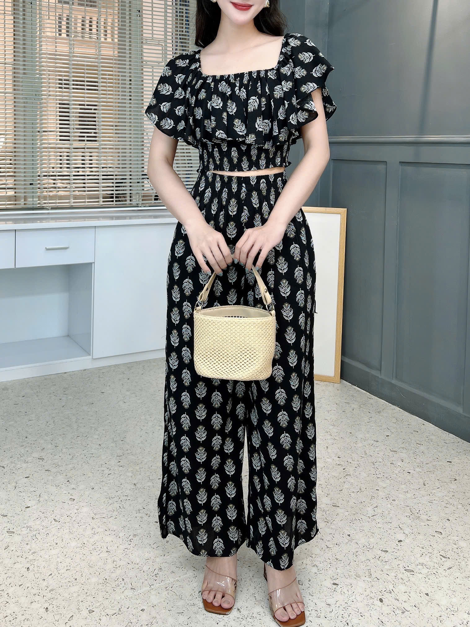 Set Bộ Nữ Áo Croptop Bèo Mix Quần Suông Dài Họa Tiết Đi Biển Đi Tiệc MIMIX - FK9