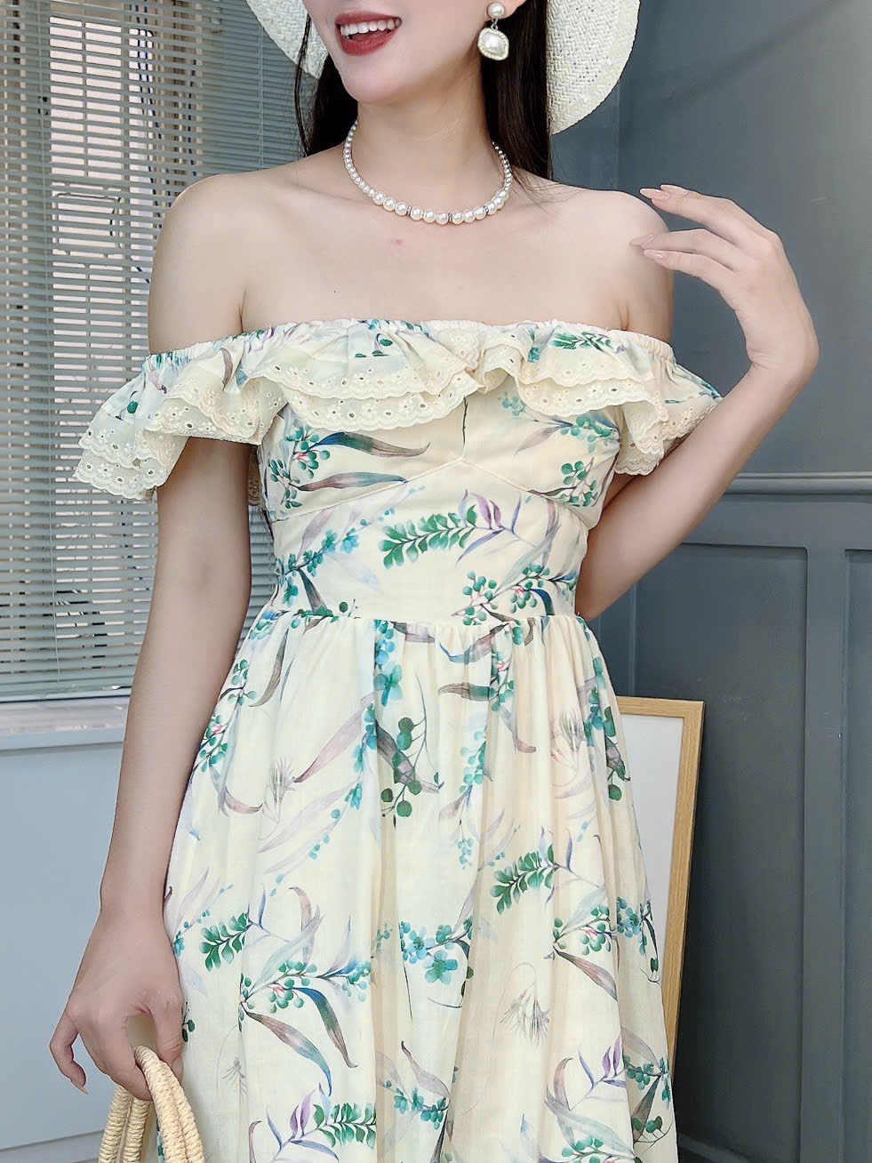 Đầm Bèo Hoa Cổ Viền Ren Cotton Đi Dạo Phố MIMIX FO1