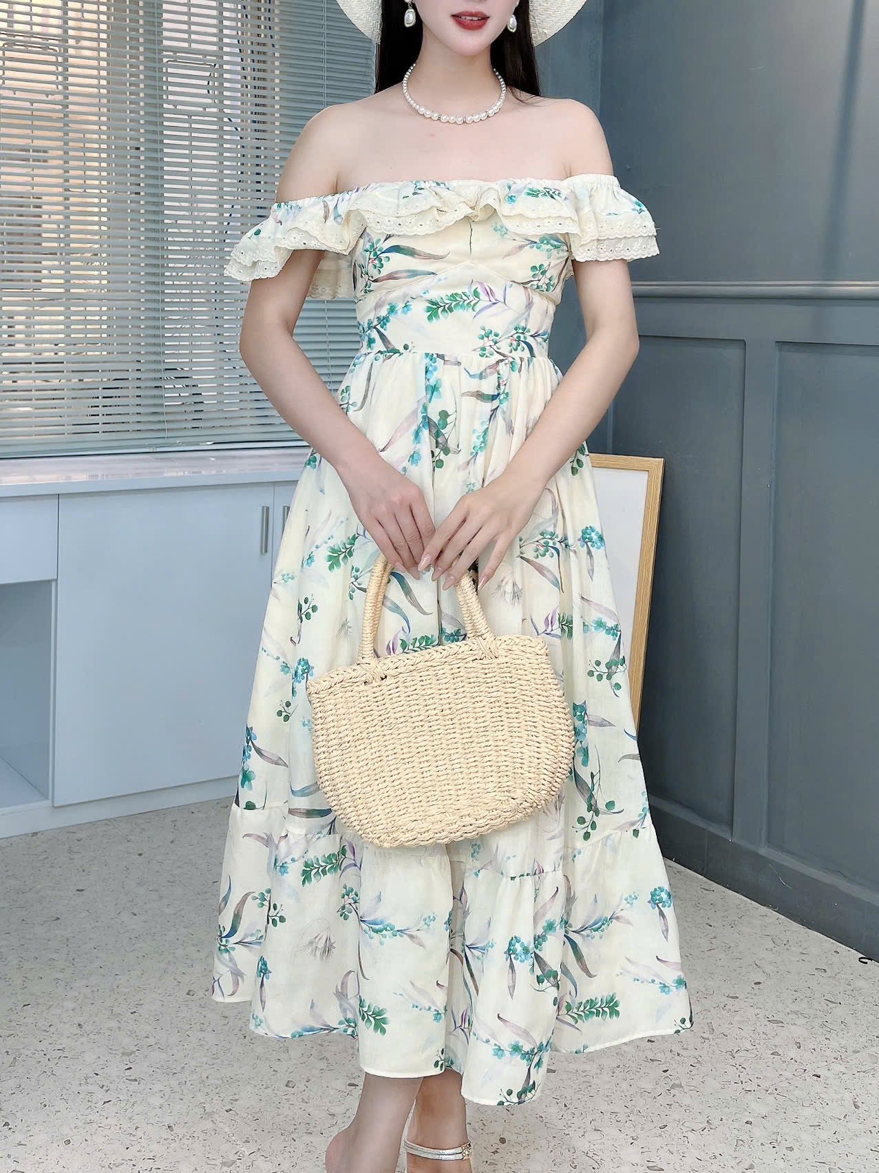 Đầm Bèo Hoa Cổ Viền Ren Cotton Đi Dạo Phố MIMIX FO1