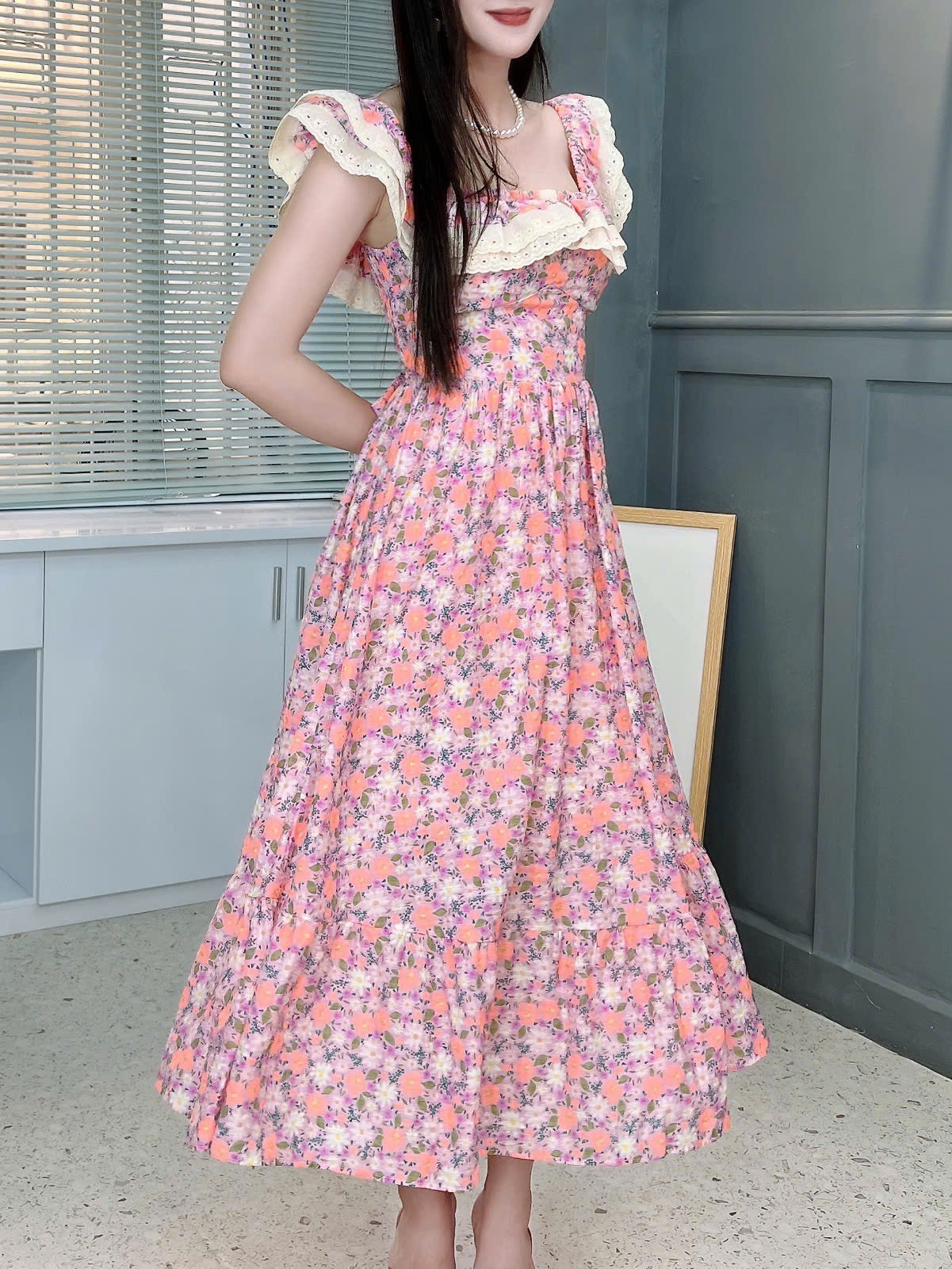 Đầm Bèo Hoa Cổ Viền Ren Cotton Đi Dạo Phố MIMIX FO1