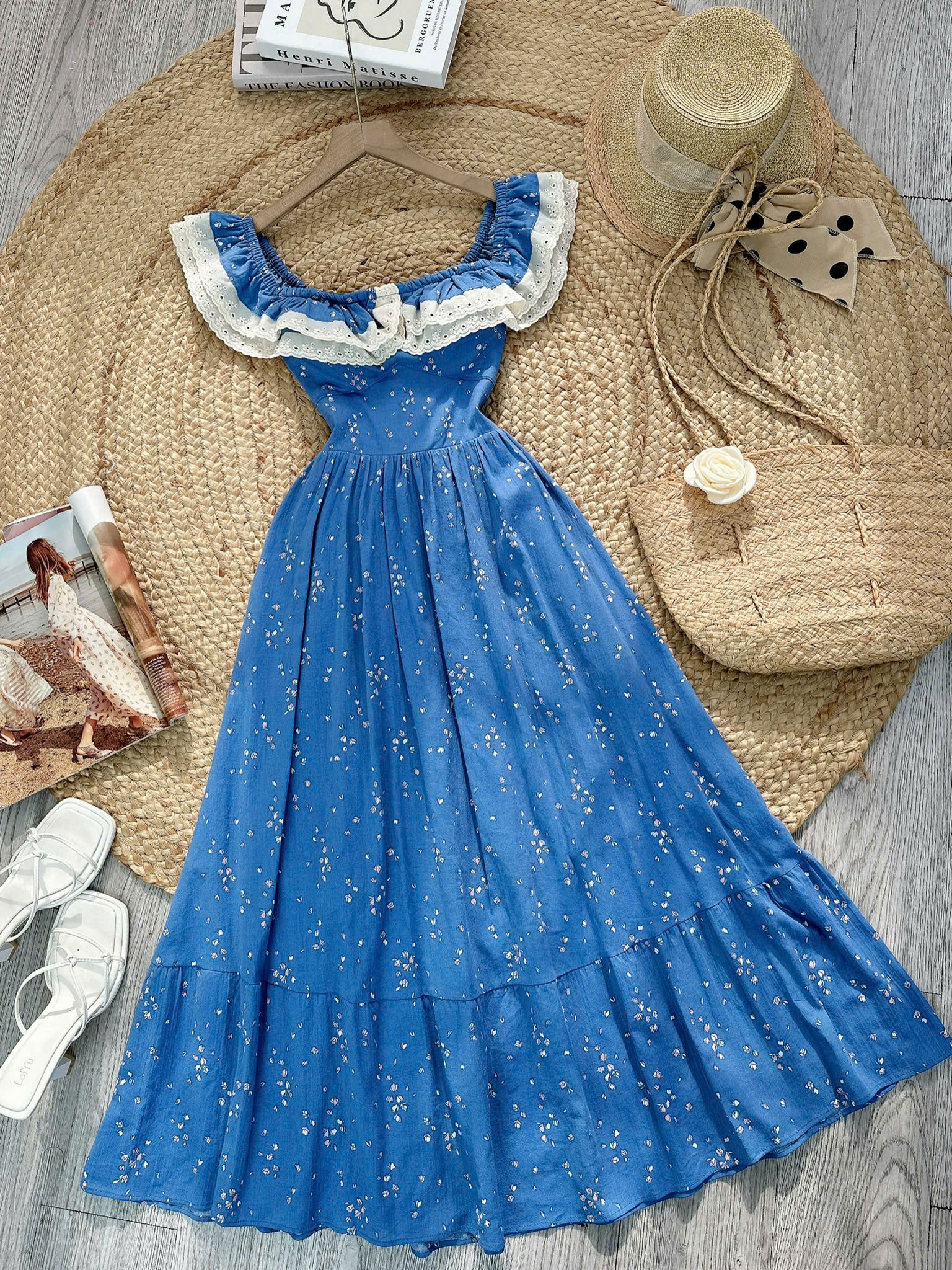 Đầm Bèo Hoa Cổ Viền Ren Cotton Đi Dạo Phố MIMIX FO1